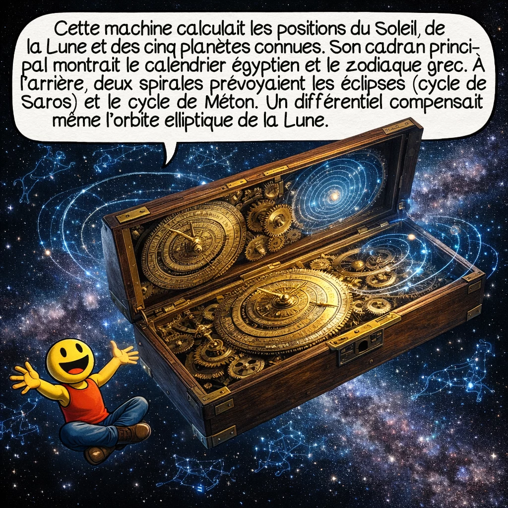 Le mécanisme d’Anticythère, case 4 : Cette machine calculait les positions du Soleil, de la Lune et des cinq planètes connues. Son cadran principal affichait le calendrier égyptien de 365 jours et le zodiaque grec. À l’arrière, deux spirales prédisaient les éclipses sur 223 mois lunaires (cycle de Saros) et le cycle de Méton de 19 ans. Un différentiel — invention qu’on croyait médiévale — compensait l’orbite elliptique lunaire !