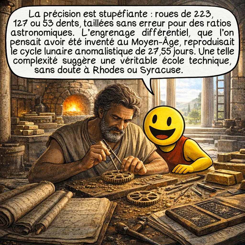 Le mécanisme d’Anticythère, case 5 : La précision requise stupéfie : roues de 223, 127, ou 53 dents exactement, taillées sans erreur pour les ratios astronomiques. L’engrenage différentiel utilisait une roue à 50 dents engrenant deux roues de 50 et 51 dents — prouesse technique reproduisant le mouvement lunaire anomalistique de 27,55 jours. Cette complexité suggère une tradition d’école, probablement liée aux savants de Rhodes ou Syracuse.