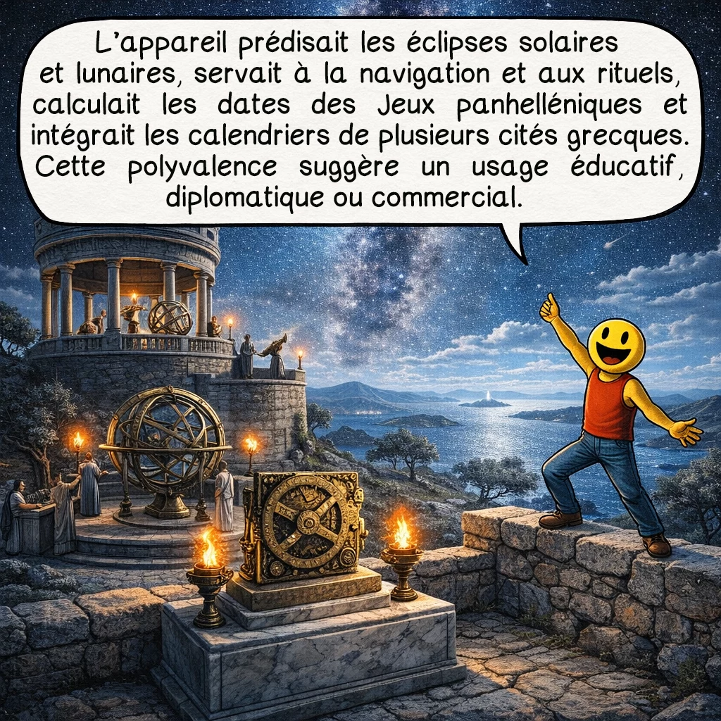 Le mécanisme d’Anticythère, case 6 : L’appareil prédisait les éclipses solaires et lunaires avec leurs heures, permettant la navigation et les rituels religieux. Il calculait les dates des Jeux olympiques et autres jeux panhelléniques sur cycle de 4 ans. Les cadrans incluaient les calendriers de plusieurs cités grecques : Corinthe, Delphes, Dodone. Cette polyvalence suggère un usage éducatif, diplomatique ou commercial plutôt que purement scientifique.
