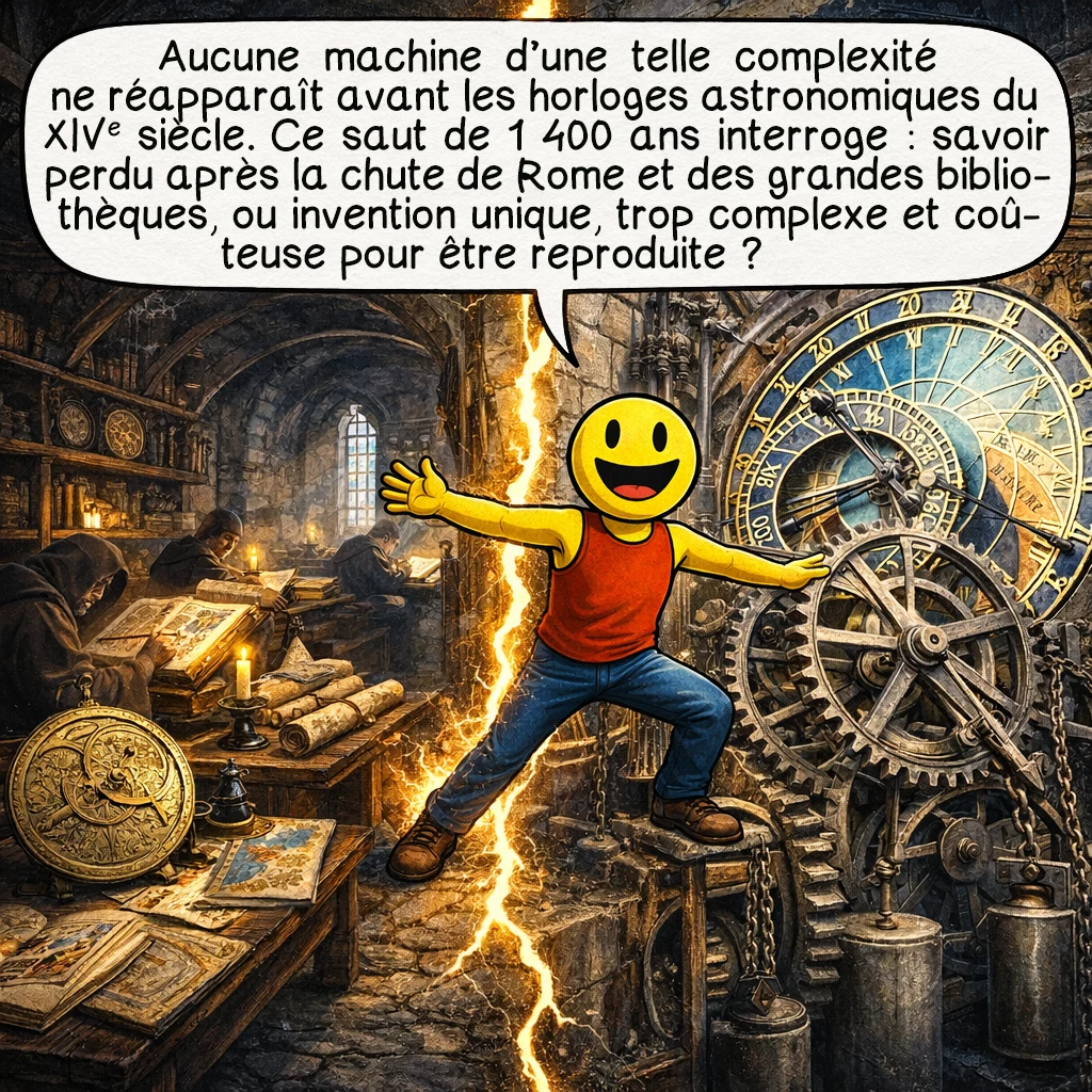 Le mécanisme d’Anticythère, case 7 : Aucune machine de complexité comparable n’apparaîtra avant les horloges astronomiques du XIVe siècle ! Ce bond technologique de 1400 ans interroge : pourquoi cette régression ? Les invasions barbares, la chute de Rome, la perte des bibliothèques alexandrines ont-elles effacé ce savoir ? Ou était-ce une création unique, trop coûteuse et complexe pour être reproduite massivement ?