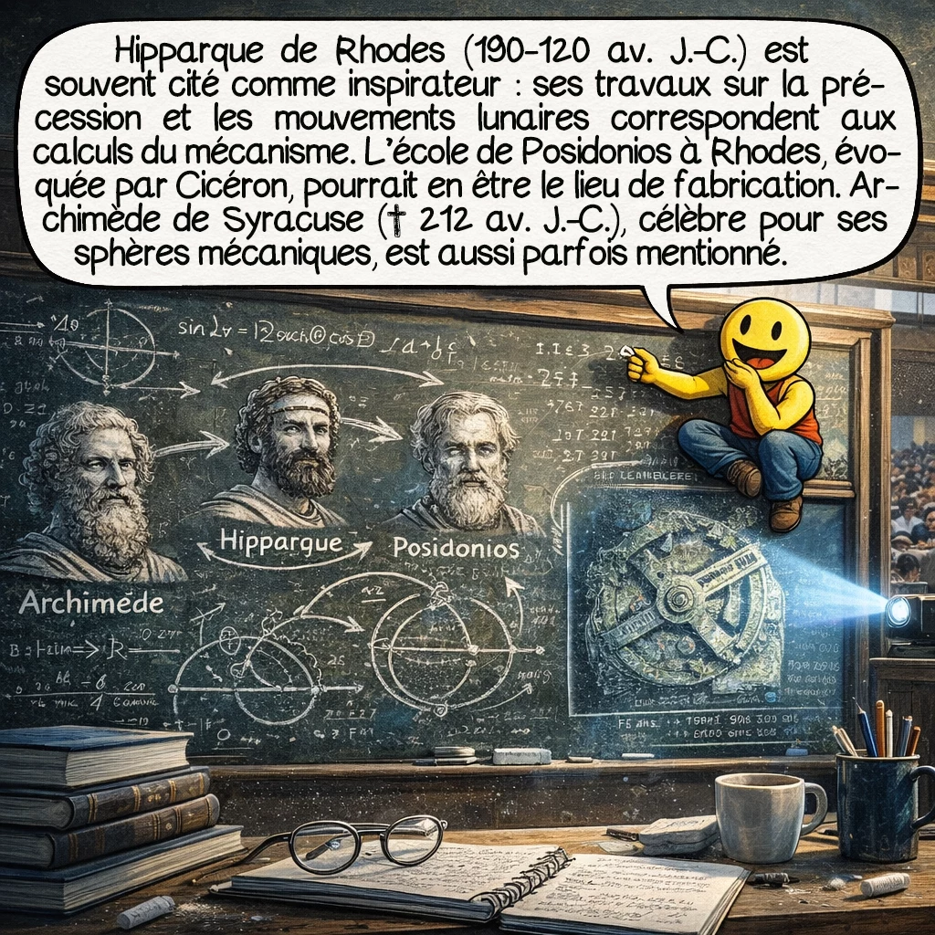 Le mécanisme d’Anticythère, case 8 : Hipparque de Rhodes (190-120 av. J.-C.) reste le candidat privilégié comme inspirateur : ses travaux sur la précession des équinoxes et les mouvements lunaires correspondent aux calculs du mécanisme. L’école de Posidonios à Rhodes, fréquentée par Cicéron, qui mentionne de telles machines, pourrait être le lieu de fabrication. Certains évoquent même Archimède de Syracuse, tué en 212 av. J.-C., dont les sphères mécaniques étaient légendaires.