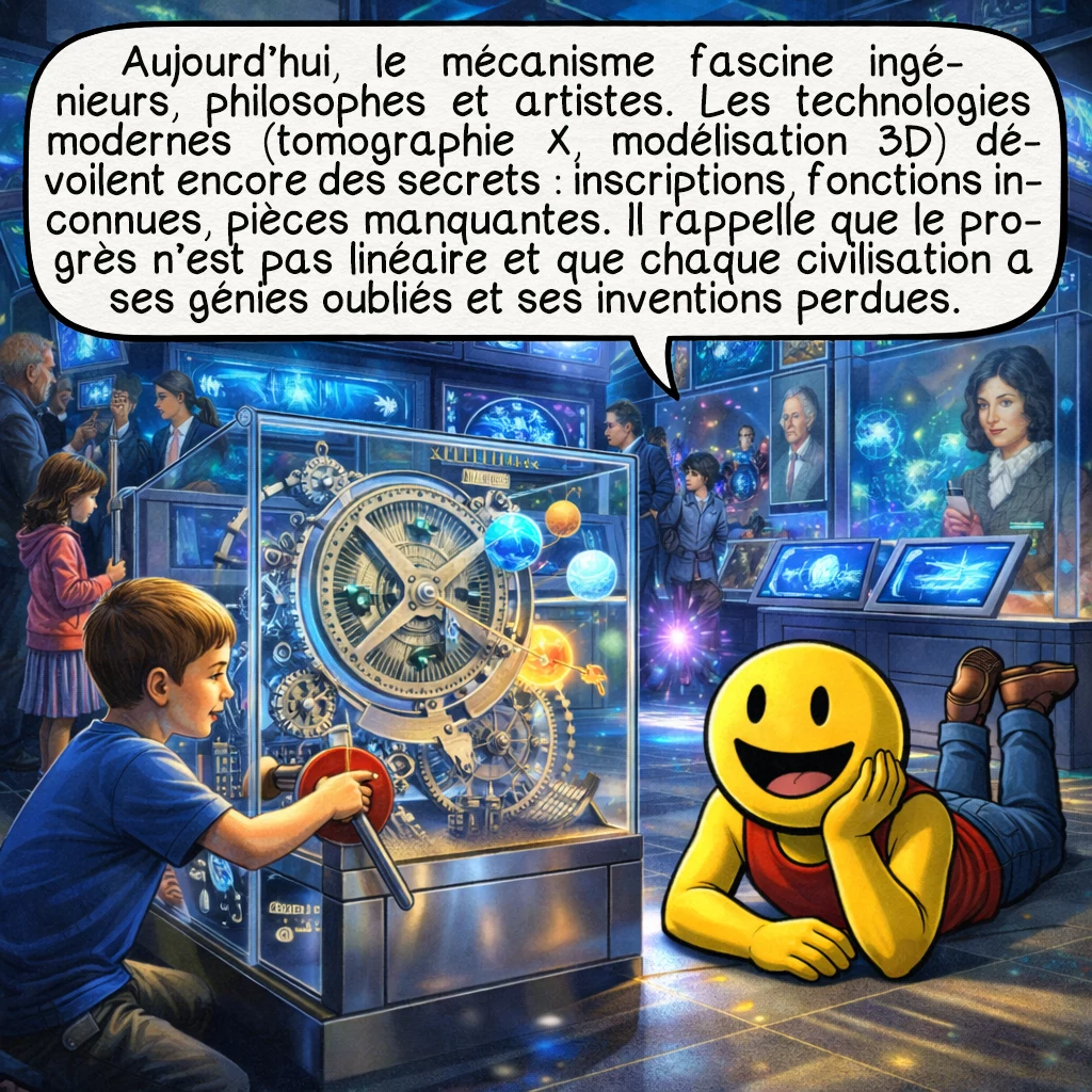 Le mécanisme d’Anticythère, case 9 : Aujourd’hui, le mécanisme inspire ingénieurs, philosophes et artistes. Les technologies modernes — tomographie X, modélisation 3D — révèlent encore des secrets : inscriptions cachées, fonctions inconnues, pièces manquantes. Il nous enseigne l’humilité face aux anciens, rappelant que le progrès n’est pas linéaire. Chaque civilisation possède ses génies oubliés, ses inventions perdues dans les aléas de l’Histoire.