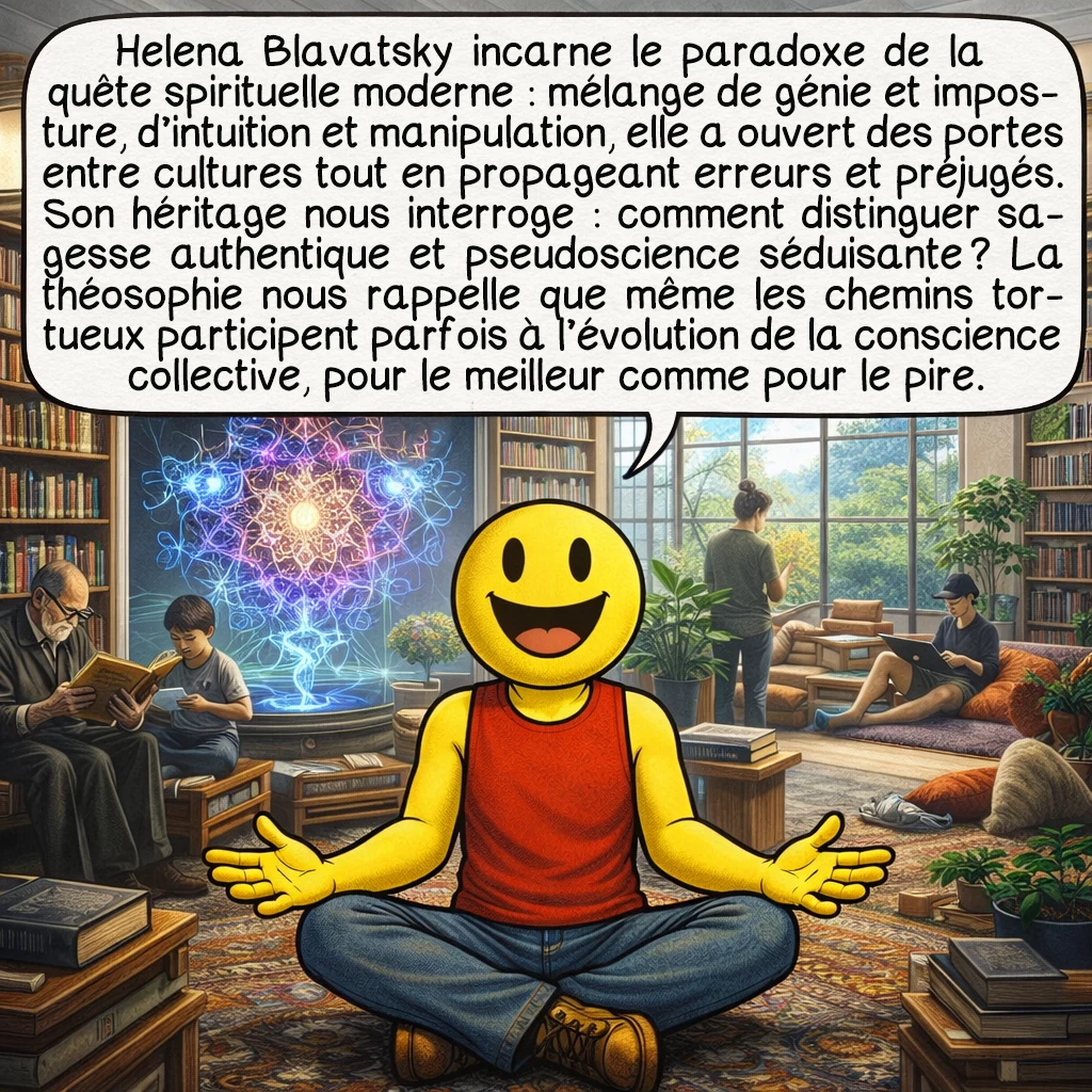 Helena Blavatsky, case 10 : Helena Blavatsky incarne le paradoxe de la quête spirituelle moderne : mélange de génie et imposture, d’intuition et manipulation, elle a ouvert des portes entre cultures tout en propageant erreurs et préjugés. Son héritage nous interroge : comment distinguer sagesse authentique et pseudoscience séduisante ? La théosophie nous rappelle que même les chemins tortueux participent parfois à l’évolution de la conscience collective, pour le meilleur comme pour le pire.