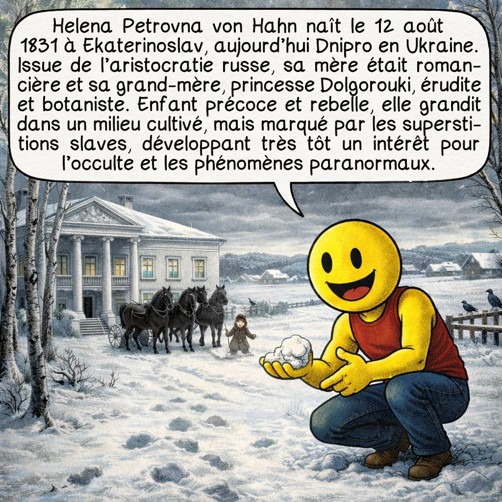Helena Blavatsky, case 2 : Helena Petrovna von Hahn naît le 12 août 1831 à Ekaterinoslav, aujourd’hui Dnipro en Ukraine. Issue de l’aristocratie russe, sa mère était romancière et sa grand-mère, princesse Dolgorouki, érudite et botaniste. Enfant précoce et rebelle, elle grandit dans un milieu cultivé, mais marqué par les superstitions slaves, développant très tôt un intérêt pour l’occulte et les phénomènes paranormaux.