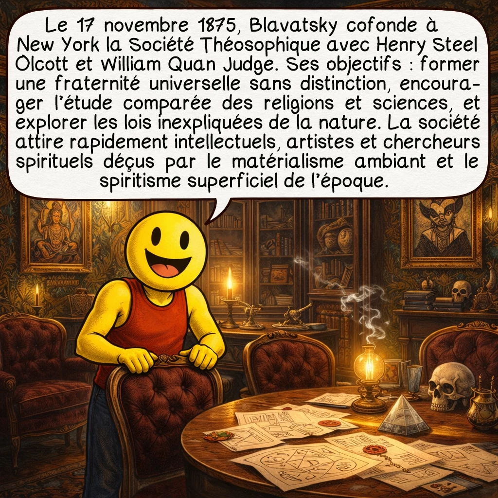 Helena Blavatsky, case 4 : Le 17 novembre 1875, Blavatsky cofonde à New York la Société Théosophique avec Henry Steel Olcott et William Quan Judge. Ses objectifs : former une fraternité universelle sans distinction, encourager l’étude comparée des religions et sciences, et explorer les lois inexpliquées de la nature. La société attire rapidement intellectuels, artistes et chercheurs spirituels déçus par le matérialisme ambiant et le spiritisme superficiel de l’époque.