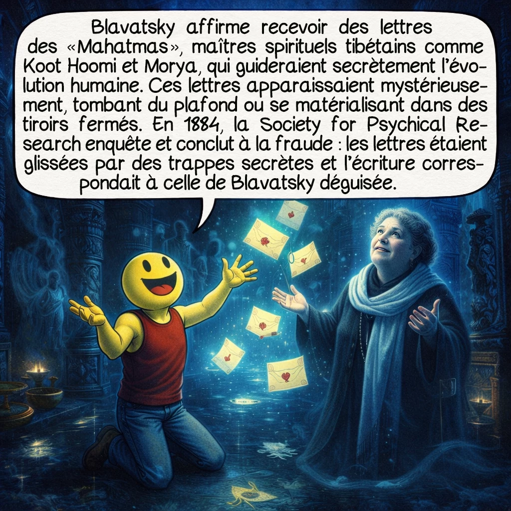 Helena Blavatsky, case 6 : Blavatsky affirme recevoir des lettres des « Mahatmas », maîtres spirituels tibétains comme Koot Hoomi et Morya, qui guideraient secrètement l’évolution humaine. Ces lettres apparaissaient mystérieusement, tombant du plafond ou se matérialisant dans des tiroirs fermés. En 1884, la Society for Psychical Research enquête et conclut à la fraude : les lettres étaient glissées par des trappes secrètes et l’écriture correspondait à celle de Blavatsky déguisée.