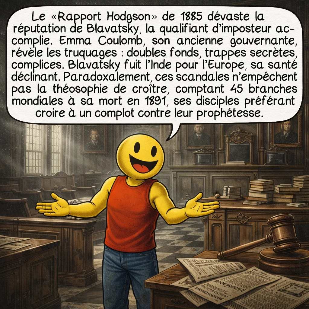 Helena Blavatsky, case 7 : Le « Rapport Hodgson » de 1885 dévaste la réputation de Blavatsky, la qualifiant d’imposteur accomplie. Emma Coulomb, son ancienne gouvernante, révèle les truquages : doubles fonds, trappes secrètes, complices. Blavatsky fuit l’Inde pour l’Europe, sa santé déclinant. Paradoxalement, ces scandales n’empêchent pas la théosophie de croître, comptant 45 branches mondiales à sa mort en 1891, ses disciples préférant croire à un complot contre leur prophétesse.