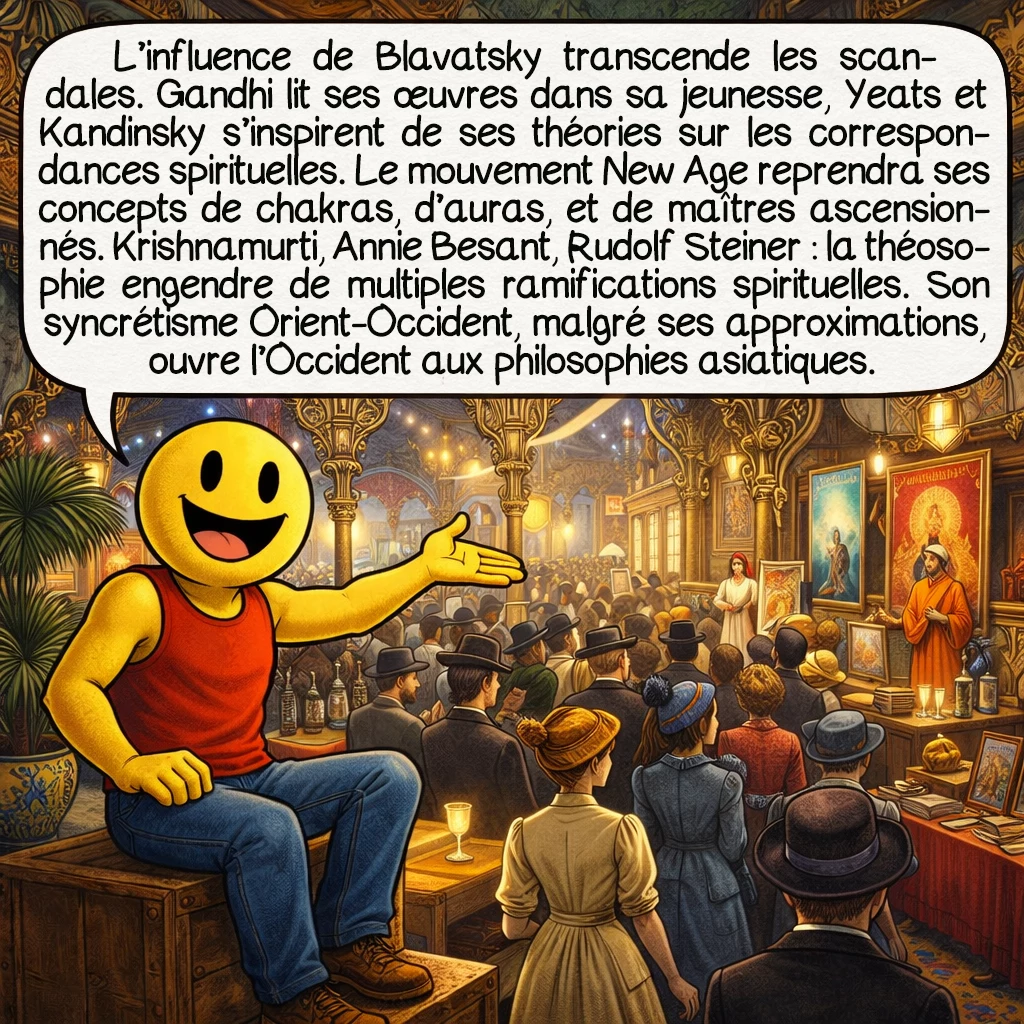 Helena Blavatsky, case 8 : L’influence de Blavatsky transcende les scandales. Gandhi lit ses œuvres dans sa jeunesse, Yeats et Kandinsky s’inspirent de ses théories sur les correspondances spirituelles. Le mouvement New Age reprendra ses concepts de chakras, d’auras, et de maîtres ascensionnés. Krishnamurti, Annie Besant, Rudolf Steiner : la théosophie engendre de multiples ramifications spirituelles. Son syncrétisme Orient-Occident, malgré ses approximations, ouvre l’Occident aux philosophies asiatiques.