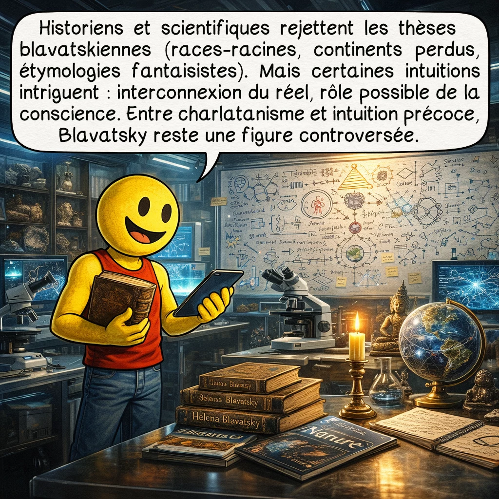 Helena Blavatsky, case 9 : Historiens et scientifiques démontent les théories blavatskiennes : ses races-racines contredisent l’évolution, ses continents perdus n’existent pas, ses étymologies sanskrites sont erronées. Pourtant, elle préfigure certaines intuitions : interconnexion universelle que confirme la physique quantique, influence de la conscience sur la matière étudiée en neurosciences. Entre charlatanisme avéré et vision prémonitoire, Blavatsky reste une énigme historique polarisante.