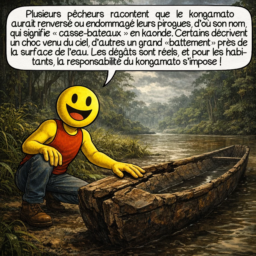 Le kongamato, case 3 : Plusieurs pêcheurs racontent que le kongamato aurait renversé ou endommagé leurs pirogues. Certains décrivent un choc venu du ciel, d’autres un grand « battement » près de la surface de l’eau. Les dégâts sont réels ; mais leur cause ne l’est pas toujours. Pour les habitants, la responsabilité du kongamato s’impose comme une explication traditionnelle, transmise depuis longtemps.