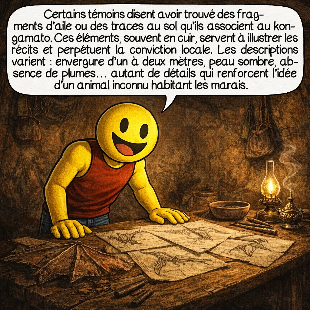 Le kongamato, case 4 : Certains témoins affirment avoir trouvé des fragments d’aile ou des traces au sol qu’ils associent au kongamato. Ces éléments, souvent en cuir animal ou en peau séchée, servent à illustrer les récits et perpétuent la conviction locale. Les descriptions varient : envergure d’un à deux mètres, peau sombre, absence de plumes — autant de détails qui renforcent l’idée d’un animal inconnu habitant les marais.