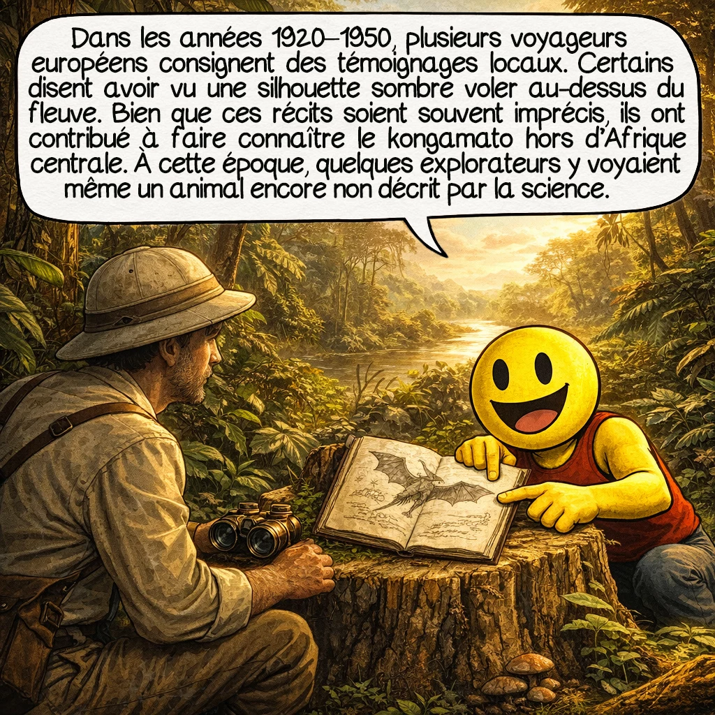Le kongamato, case 5 : Dans les années 1920–1950, plusieurs voyageurs européens consignent des témoignages locaux. Certains disent avoir vu une silhouette sombre voler au-dessus du fleuve. Bien que ces récits soient souvent brefs ou imprécis, ils ont contribué à faire connaître le kongamato hors d’Afrique centrale. À cette époque, quelques explorateurs y voyaient même un animal encore non décrit par la science.