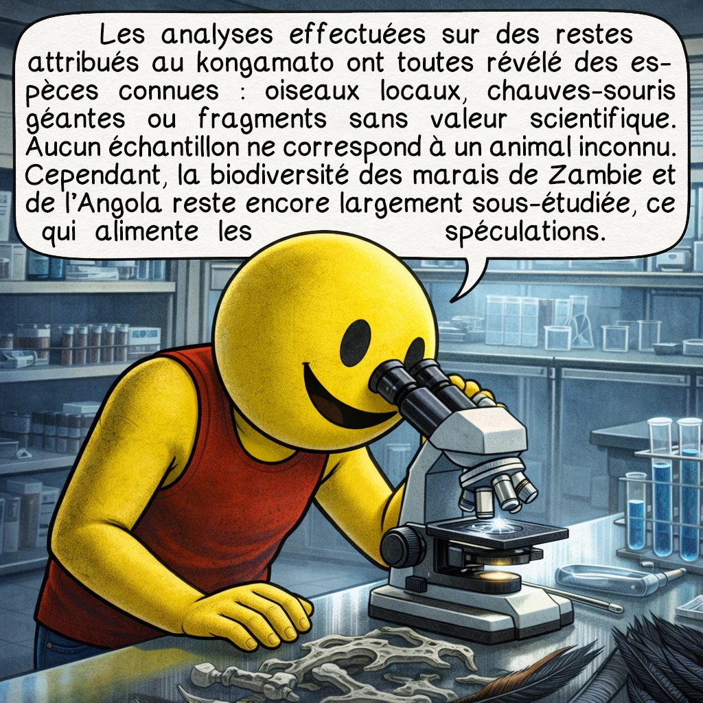 Le kongamato, case 6 : Les analyses effectuées sur des restes attribués au kongamato ont toutes révélé des espèces connues : oiseaux locaux, chauves-souris géantes ou fragments sans valeur scientifique. Aucun échantillon ne correspond à un animal inconnu. Cependant, la biodiversité des marais de Zambie et de l’Angola reste encore largement sous-étudiée, ce qui alimente les spéculations.