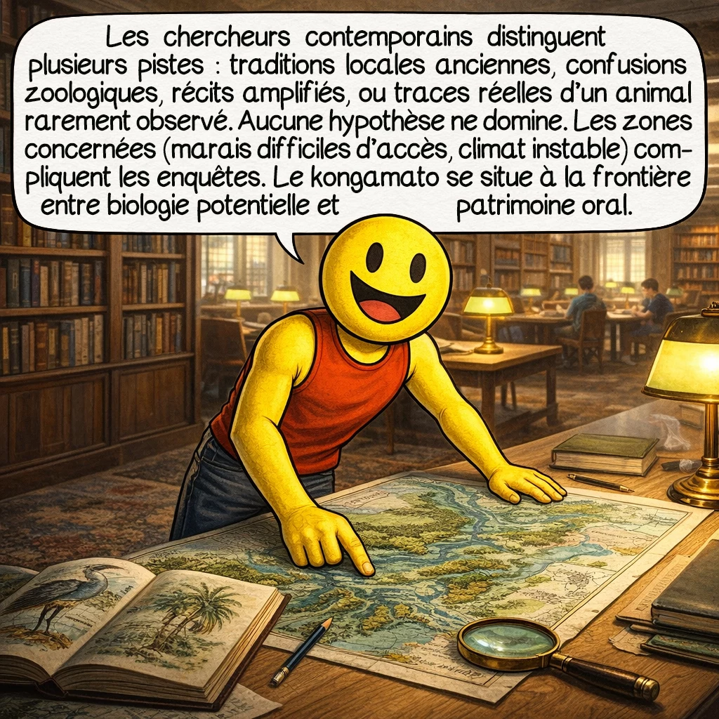 Le kongamato, case 8 : Les chercheurs contemporains distinguent plusieurs pistes : traditions locales anciennes, confusions zoologiques, récits amplifiés, ou traces réelles d’un animal rarement observé. Aucune hypothèse ne domine. Les zones concernées (marais difficiles d’accès, climat instable) compliquent les enquêtes. Le kongamato se situe à la frontière entre biologie potentielle et patrimoine oral.
