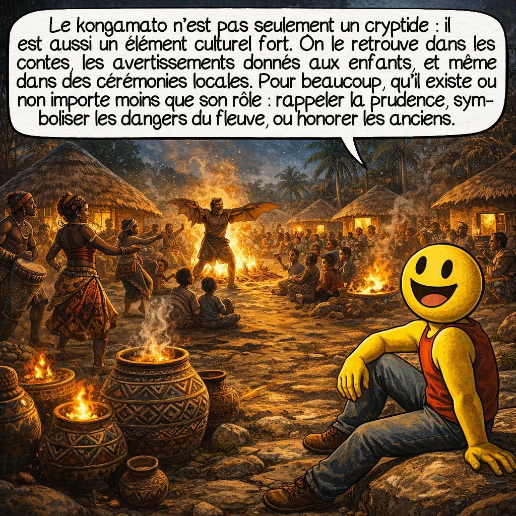 Le kongamato, case 9 : Le kongamato n’est pas seulement une apparition potentielle : il est aussi un élément culturel fort. On le retrouve dans les contes, les avertissements donnés aux enfants, et parfois dans des cérémonies locales. Pour beaucoup d’habitants, qu’il existe ou non importe moins que son rôle : rappeler la prudence, symboliser les dangers du fleuve, ou honorer les récits des anciens.