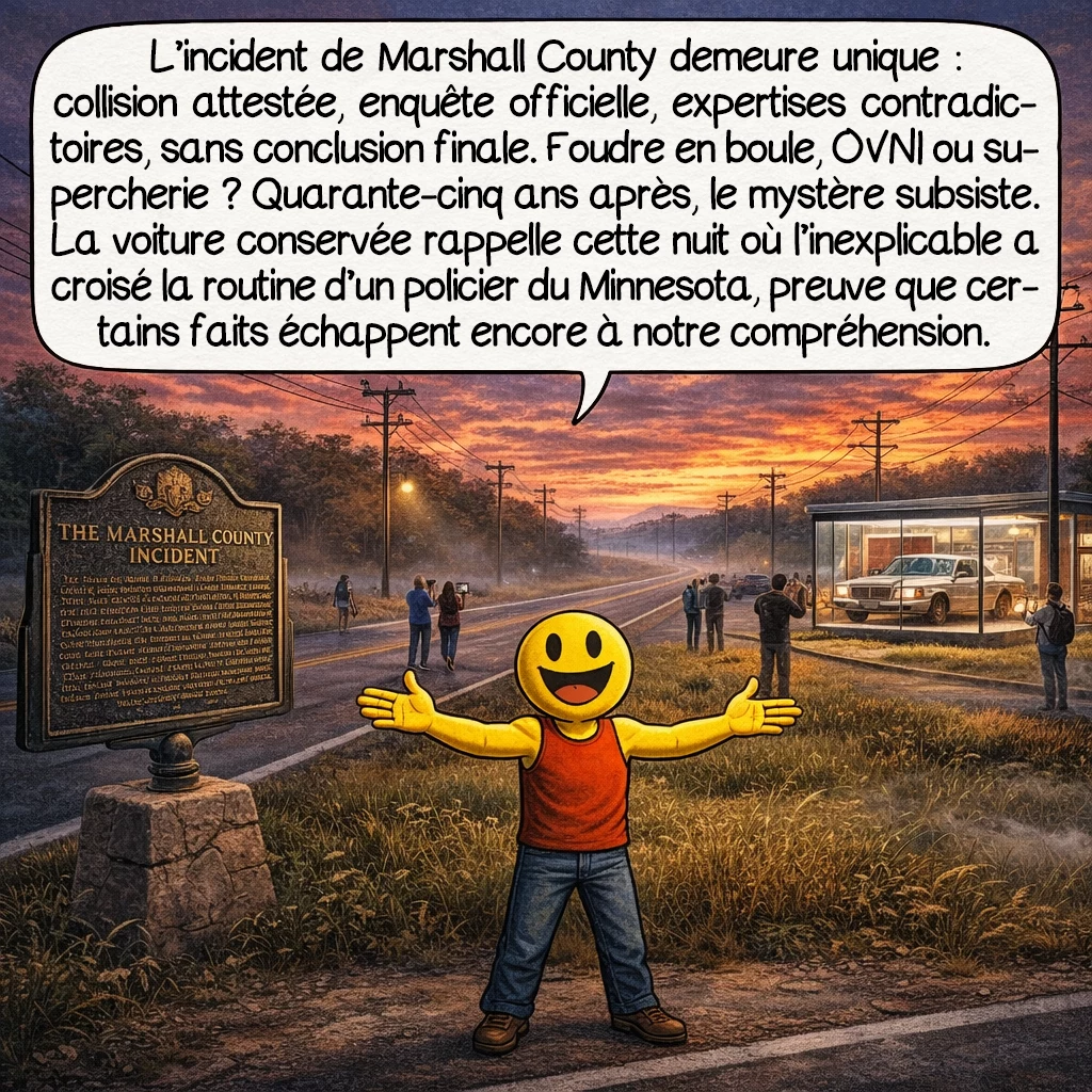 L’incident de Marshall County, case 10 : L’incident de Marshall County reste unique dans les annales : collision documentée, enquête officielle, analyses scientifiques contradictoires, et absence de conclusion définitive. Foudre en boule, rencontre extraterrestre, ou canular élaboré ? Quarante-cinq ans plus tard, le mystère persiste. La voiture, conservée comme pièce à conviction, témoigne silencieusement d’une nuit où l’inexplicable a croisé le quotidien d’un policier du Minnesota. Cette énigme nous rappelle que, parfois, même avec toute notre science, certains événements défient notre compréhension du monde.