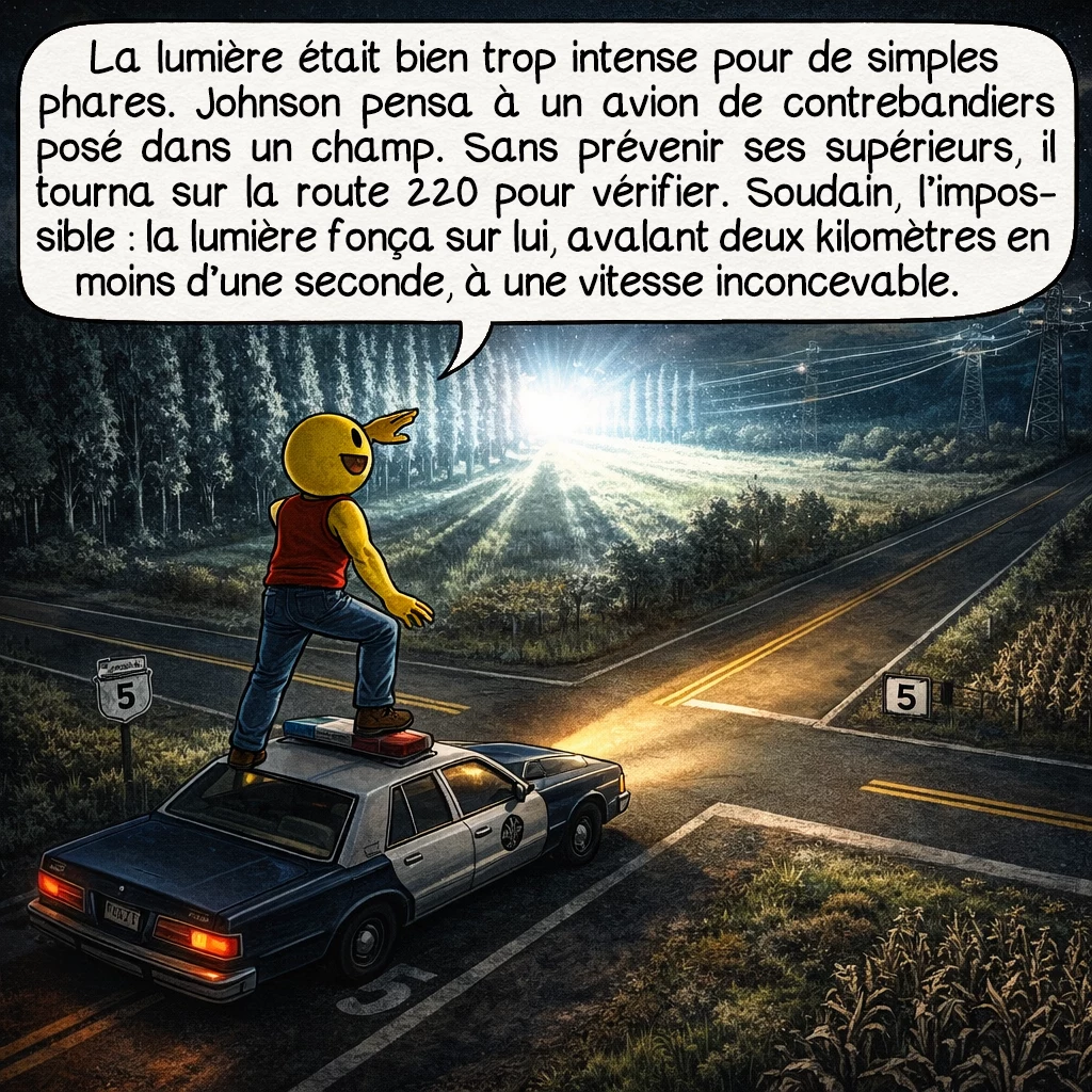 L’incident de Marshall County, case 3 : La lumière était anormalement puissante, bien trop intense pour être des phares de voiture. Johnson pensa d’abord à un petit avion de contrebandiers posé dans un champ. Sans prévenir ses supérieurs, il décida d’investiguer et tourna à gauche sur la route 220. C’est alors que l’impossible se produisit : la lumière fonça directement sur lui, parcourant les deux kilomètres en moins d’une seconde, une vitesse physiquement impossible pour tout véhicule connu.