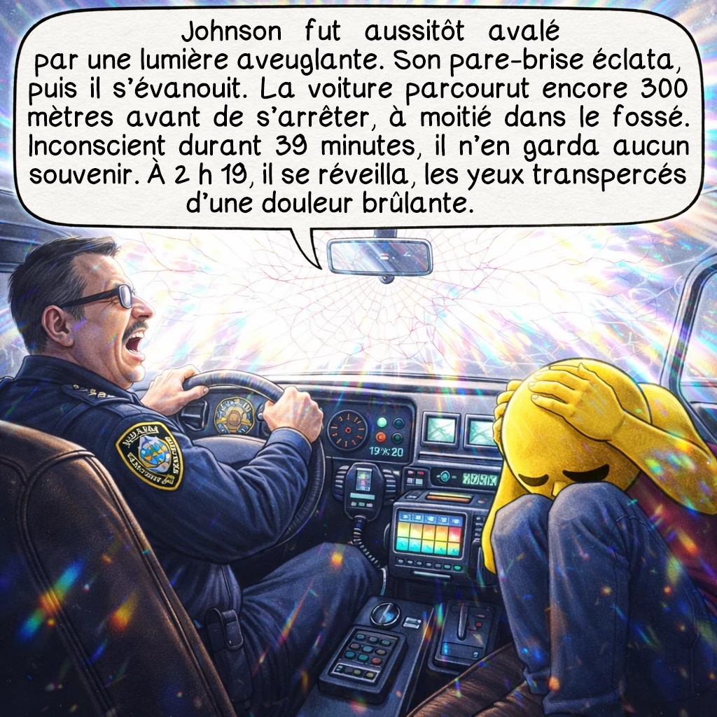 L’incident de Marshall County, case 4 : Johnson fut instantanément englouti par cette lumière écrasante. Il entendit son parebrise craquer violemment et perdit immédiatement connaissance. La voiture continua sa course sur environ 300 mètres avant de s’immobiliser, à moitié dans le fossé. Johnson resta inconscient pendant 39 minutes, un trou noir total dans sa mémoire. Quand il reprit ses esprits à 2 h 19, une douleur insupportable lui vrillait les yeux, comme s’ils avaient été brûlés de l’intérieur.