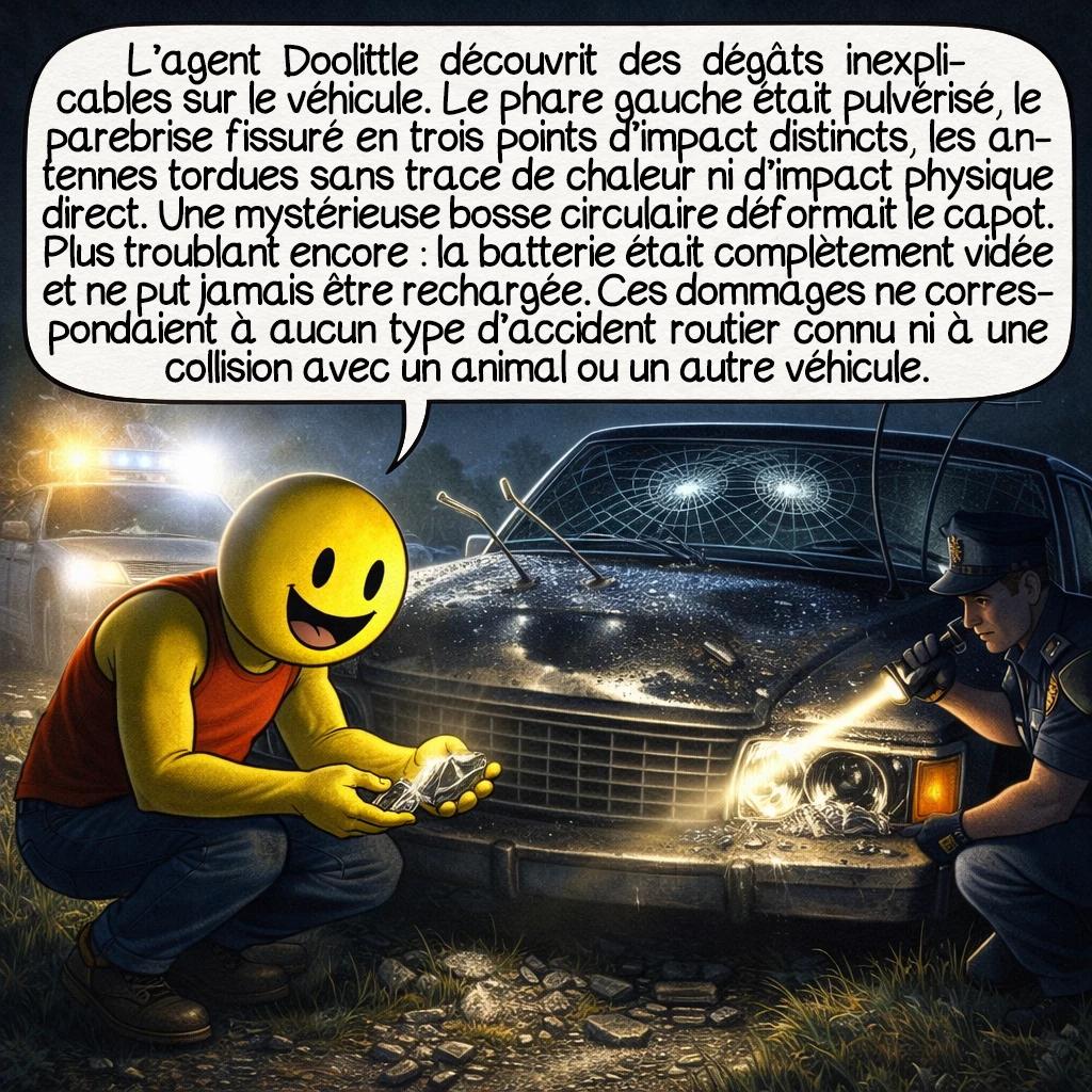 L’incident de Marshall County, case 5 : L’agent Doolittle découvrit des dégâts inexplicables sur le véhicule. Le phare gauche était pulvérisé, le parebrise fissuré en trois points d’impact distincts, les antennes tordues sans trace de chaleur ni d’impact physique direct. Une mystérieuse bosse circulaire déformait le capot. Plus troublant encore : la batterie était complètement vidée et ne put jamais être rechargée. Ces dommages ne correspondaient à aucun type d’accident routier connu ni à une collision avec un animal ou un autre véhicule.