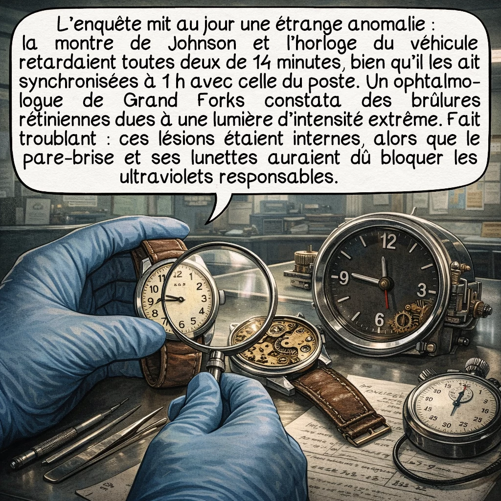 L’incident de Marshall County, case 6 : L’enquête révéla une anomalie temporelle déconcertante : la montre de Johnson et l’horloge du véhicule accusaient toutes deux un retard identique de 14 minutes. Johnson affirmait pourtant les avoir synchronisées avec l’horloge du poste à 1 h du matin. L’ophtalmologue de Grand Forks diagnostiqua des brûlures rétiniennes causées par une exposition à une source lumineuse d’intensité extrême. Étrangement, ces brûlures étaient internes, alors que le parebrise et les lunettes de Johnson auraient dû filtrer les rayons ultraviolets responsables de ce type de lésions.