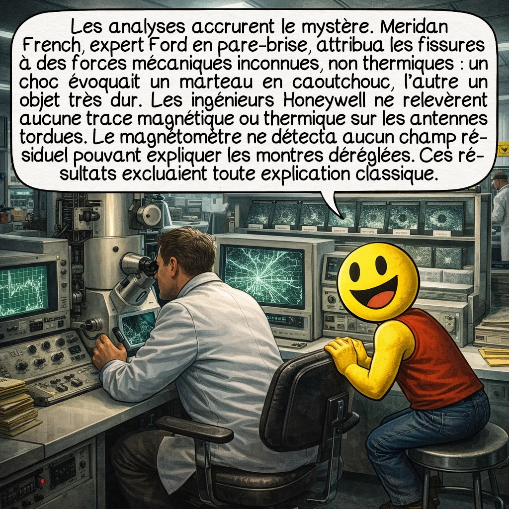 L’incident de Marshall County, case 7 : Les analyses scientifiques approfondirent le mystère. Meridan French, expert Ford en parebrise, conclut que les fissures résultaient de forces mécaniques d’origine inconnue, non thermiques. Un impact semblait provenir d’un marteau à tête caoutchoutée, l’autre d’un objet extrêmement dur. Les ingénieurs Honeywell confirmèrent l’absence de traces magnétiques ou thermiques sur les antennes tordues. Le magnétomètre ne détecta aucun champ magnétique résiduel qui pourrait expliquer le dérèglement des montres. Ces conclusions contredisaient toute explication conventionnelle.