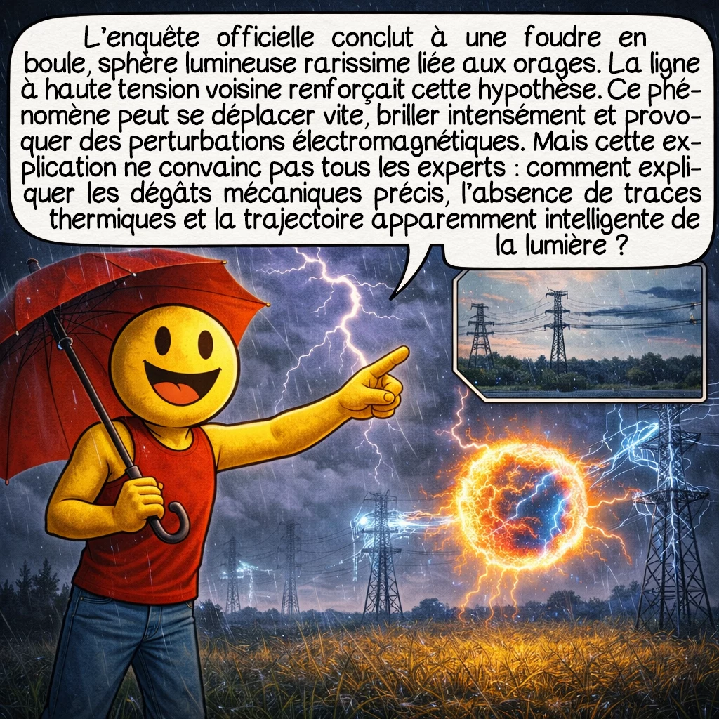 L’incident de Marshall County, case 8 : L’enquête officielle conclut à un phénomène de foudre en boule, ces sphères lumineuses rarissimes créées lors d’orages électriques. La présence d’une ligne à haute tension près du lieu de l’incident renforçait cette hypothèse. La foudre en boule peut effectivement se déplacer rapidement, émettre une lumière intense et causer des perturbations électromagnétiques. Cependant, cette explication officielle ne satisfaisait pas tous les experts. Comment expliquer les dommages mécaniques précis, l’absence de traces thermiques, et surtout la trajectoire apparemment intelligente de la lumière ?