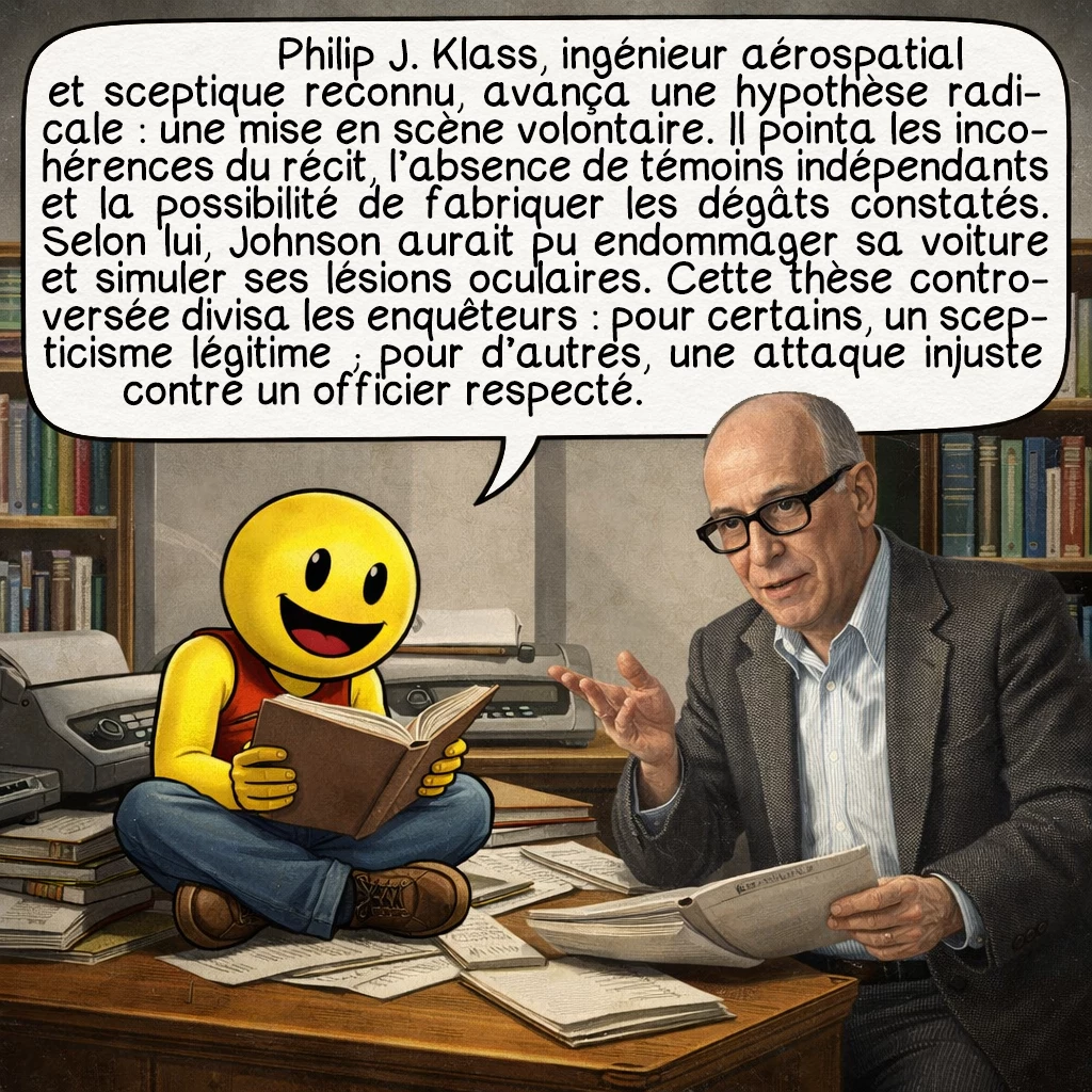 L’incident de Marshall County, case 9 : Philip J. Klass, ingénieur aérospatial et enquêteur sceptique réputé, proposa une théorie alternative radicale : une mise en scène délibérée. Il souligna les incohérences du récit, l’absence de témoins indépendants, et la possibilité technique de produire artificiellement tous les dommages observés. Selon lui, Johnson aurait pu endommager lui-même le véhicule et simuler ses blessures oculaires. Cette accusation controversée divisa profondément la communauté des enquêteurs, certains y voyant du scepticisme nécessaire, d’autres une attaque injuste contre l’intégrité d’un officier respecté.