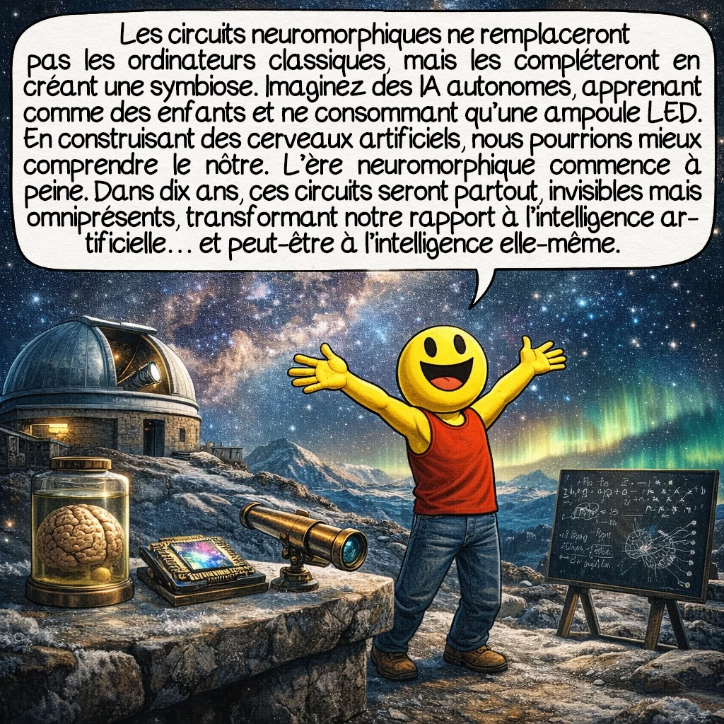 Les circuits neuromorphiques, case 10 : Les circuits neuromorphiques ne remplaceront pas les ordinateurs classiques, mais les compléteront, créant une symbiose computationnelle. Imaginez des IA vraiment autonomes, apprenant comme des enfants, consommant l’énergie d’une ampoule LED. Cette technologie pourrait débloquer la compréhension de la conscience elle-même — en construisant des cerveaux artificiels, nous découvrons comment fonctionne le nôtre. L’ère neuromorphique ne fait que commencer. Dans dix ans, ces circuits seront partout, invisibles, mais omniprésents, transformant silencieusement notre rapport à l’intelligence artificielle et, peut-être, à l’intelligence tout court.