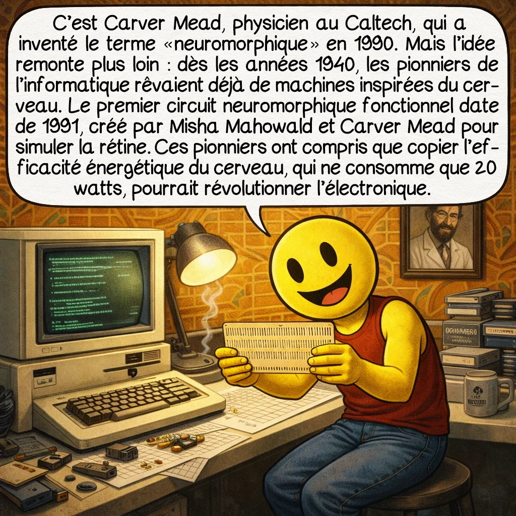 Les circuits neuromorphiques, case 2 : C’est Carver Mead, physicien au Caltech, qui a inventé le terme « neuromorphique » en 1990. Mais l’idée remonte plus loin : dès les années 1940, les pionniers de l’informatique rêvaient déjà de machines inspirées du cerveau. Le premier circuit neuromorphique fonctionnel date de 1991, créé par Misha Mahowald et Carver Mead pour simuler la rétine. Ces pionniers ont compris que copier l’efficacité énergétique du cerveau — qui ne consomme que 20 watts — pourrait révolutionner l’électronique.