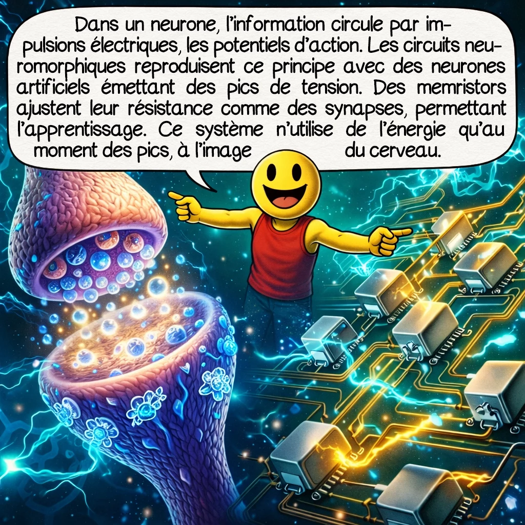 Les circuits neuromorphiques, case 3 : Dans un neurone biologique, l’information voyage sous forme d’impulsions électriques appelées potentiels d’action. Les circuits neuromorphiques reproduisent ce principe avec des « neurones artificiels » qui émettent des pics de tension. La vraie magie opère au niveau des synapses artificielles : des composants appelés memristors peuvent modifier leur résistance électrique, mimant ainsi la plasticité synaptique qui permet l’apprentissage. Cette approche événementielle ne consomme de l’énergie que lors des pics, exactement comme notre cerveau.
