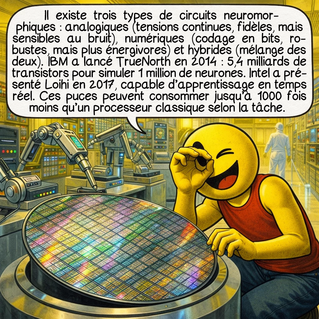Les circuits neuromorphiques, case 4 : Il existe trois types de circuits neuromorphiques. Les analogiques utilisent des tensions continues pour représenter l’activité neuronale — très fidèles biologiquement, mais sensibles au bruit. Les numériques encodent tout en bits, plus robustes, mais moins efficaces énergétiquement. Les hybrides combinent les deux approches. IBM a créé TrueNorth en 2014 avec 5,4 milliards de transistors simulant un million de neurones. Intel a lancé Loihi en 2017, capable d’apprendre en temps réel. Ces puces consomment jusqu’à 1000 fois moins qu’un processeur classique pour certaines tâches.
