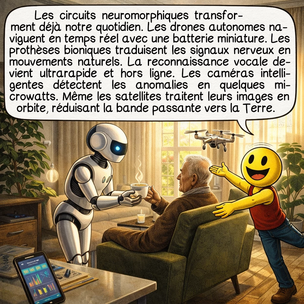 Les circuits neuromorphiques, case 5 : Les applications actuelles des circuits neuromorphiques transforment déjà notre quotidien. Les drones autonomes utilisent ces puces pour naviguer en temps réel avec une batterie miniature. Les prothèses bioniques interprètent les signaux nerveux pour des mouvements naturels. La reconnaissance vocale devient ultrarapide et fonctionne hors ligne. Les caméras intelligentes détectent les anomalies en consommant des microwatts. Même les satellites utilisent ces circuits pour traiter les images directement en orbite, économisant la bande passante de transmission vers la Terre.