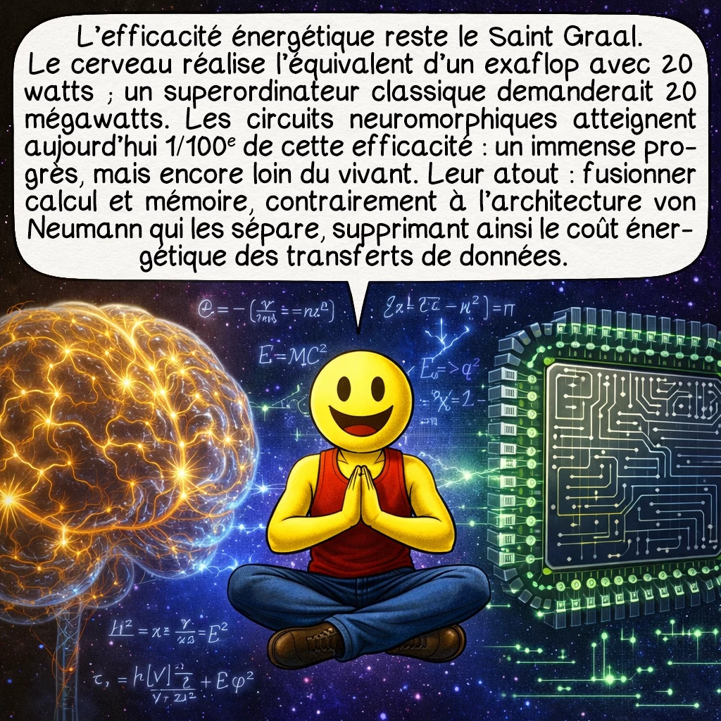 Les circuits neuromorphiques, case 6 : L’efficacité énergétique reste le Saint Graal. Notre cerveau effectue l’équivalent d’un exaflop de calculs avec 20 watts — un superordinateur classique nécessiterait 20 mégawatts pour la même performance. Les circuits neuromorphiques actuels atteignent 1/100 e de cette efficacité, un progrès énorme, mais encore loin du biologique. Le secret réside dans l’architecture : calcul et mémoire fusionnés, contrairement à l’architecture von Neumann traditionnelle qui sépare processeur et RAM. Cette fusion élimine le goulot d’étranglement énergétique du transfert de données constant.