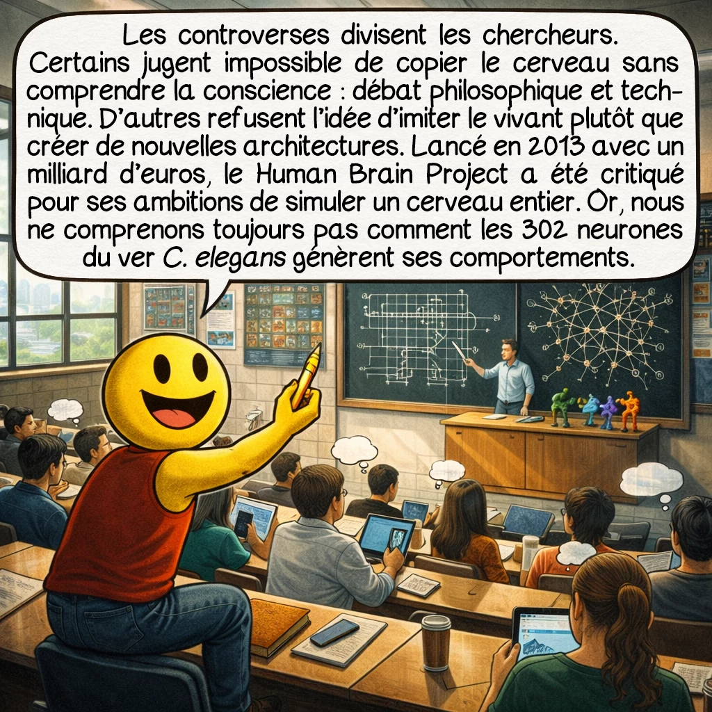Les circuits neuromorphiques, case 7 : Les controverses divisent la communauté scientifique. Certains affirment que copier exactement le cerveau est impossible sans comprendre pleinement la conscience — débat philosophique autant que technique. D’autres contestent l’approche même : pourquoi imiter le biologique plutôt qu’inventer de nouvelles architectures ? Le projet européen Human Brain Project, lancé en 2013 avec un milliard d’euros, a été critiqué pour ses promesses irréalistes de simuler un cerveau complet. Les sceptiques soulignent que nous ne comprenons toujours pas comment 302 neurones du ver C. elegans produisent ses comportements.