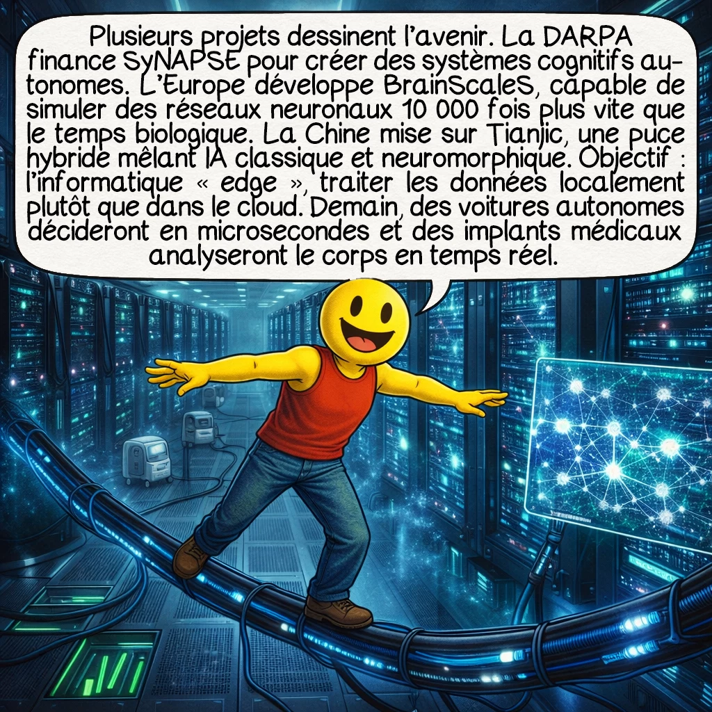 Les circuits neuromorphiques, case 8 : Plusieurs projets ambitieux façonnent l’avenir. La DARPA finance SyNAPSE pour créer des systèmes cognitifs électroniques autonomes. L’Europe développe BrainScaleS, simulant des réseaux neuronaux 10 000 fois plus vite que le temps biologique. La Chine investit massivement dans Tianjic, une puce hybride combinant IA classique et neuromorphique. Ces projets visent l’informatique « edge » — traiter les données localement plutôt que dans le cloud. Imaginez des voitures autonomes prenant des décisions en microsecondes, ou des implants médicaux analysant les signaux corporels en temps réel.