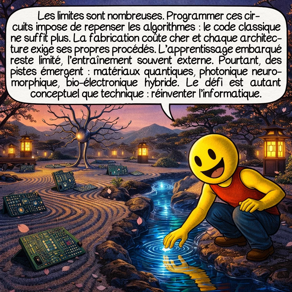 Les circuits neuromorphiques, case 9 : Les limites actuelles sont multiples. Programmer ces circuits demande de repenser complètement nos algorithmes — le code traditionnel ne fonctionne pas. La fabrication reste coûteuse, chaque nouvelle architecture nécessitant des processus spécialisés. L’apprentissage sur puce est limité, la plupart nécessitant encore un entraînement externe. Mais les chercheurs explorent des pistes fascinantes : matériaux quantiques, photonique neuromorphique utilisant la lumière, même des circuits biologiques hybrides intégrant de vrais neurones. Le défi n’est plus technique, mais conceptuel : redéfinir l’informatique elle-même.