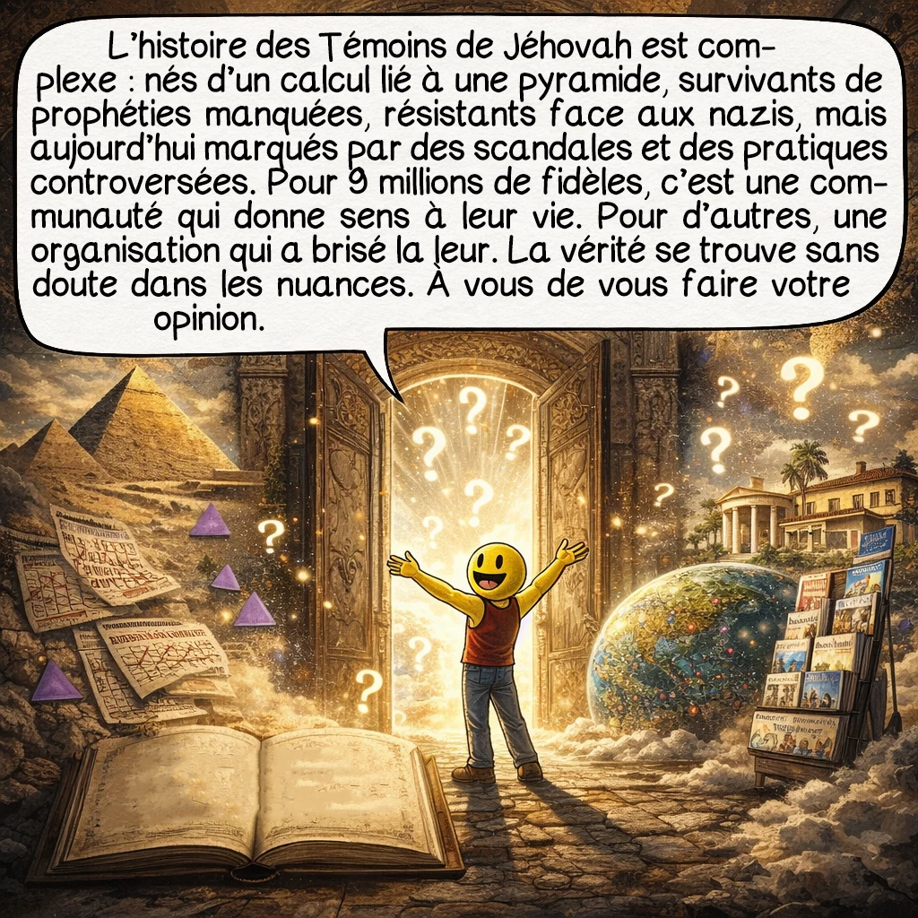 Les Témoins de Jéhovah, case 10 : Voilà l’histoire complexe des Témoins de Jéhovah. Nés d’un calcul sur une pyramide, ayant survécu à des prophéties qui ne se sont jamais réalisées, résistant courageusement face aux nazis, mais confrontés aujourd’hui à des scandales graves et à des pratiques controversées. Pour 9 millions de personnes, c’est une communauté qui donne sens à leur vie. Pour des milliers d’autres, c’est une organisation qui a brisé leur existence. La vérité, comme souvent, se cache dans les nuances et la complexité humaine. À vous, maintenant, de vous forger votre propre opinion éclairée !