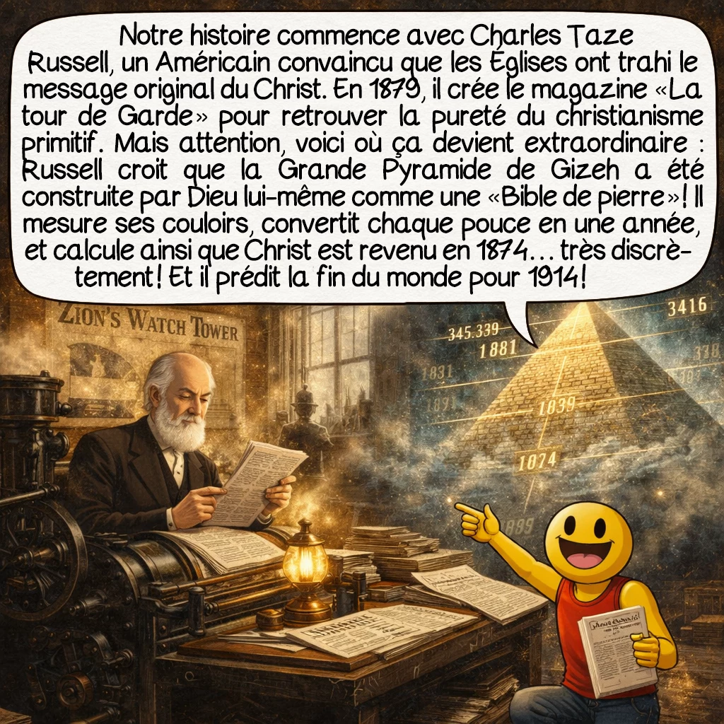 Les Témoins de Jéhovah, case 2 : Notre histoire commence avec Charles Taze Russell, un Américain convaincu que les Églises ont trahi le message original du Christ. En 1879, il crée le magazine « La tour de Garde » pour retrouver la pureté du christianisme primitif. Mais attention, voici où ça devient extraordinaire : Russell croit que la Grande Pyramide de Gizeh a été construite par Dieu lui-même comme une « Bible de pierre » ! Il mesure ses couloirs, convertit chaque pouce en une année, et calcule ainsi que Christ est revenu en 1874… très discrètement ! Et il prédit la fin du monde pour 1914 !