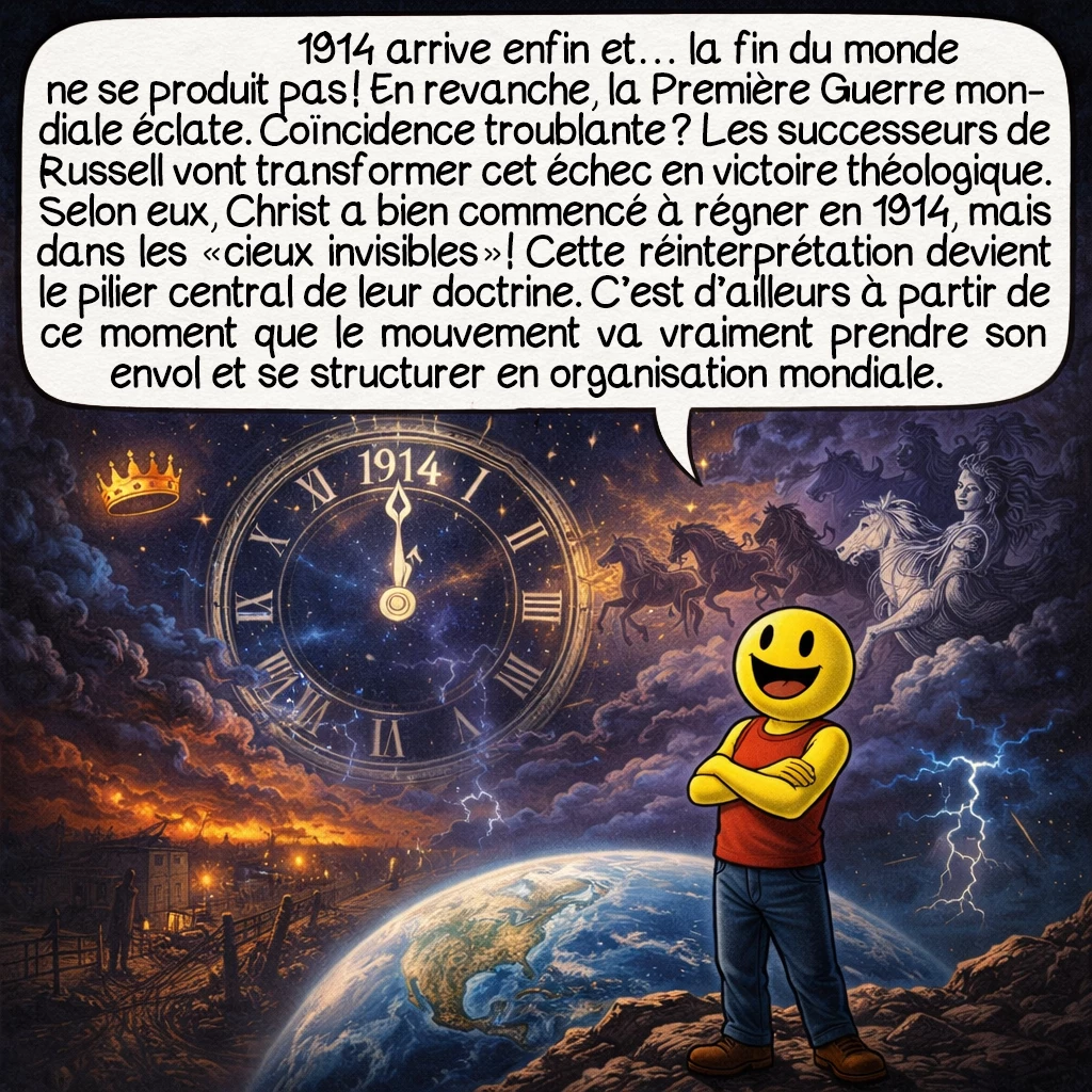 Les Témoins de Jéhovah, case 3 : 1914 arrive enfin et… la fin du monde ne se produit pas ! En revanche, la Première Guerre mondiale éclate. Coïncidence troublante ? Les successeurs de Russell vont transformer cet échec en victoire théologique. Selon eux, Christ a bien commencé à régner en 1914, mais dans les « cieux invisibles » ! Cette réinterprétation devient le pilier central de leur doctrine. C’est d’ailleurs à partir de ce moment que le mouvement va vraiment prendre son envol et se structurer en organisation mondiale.