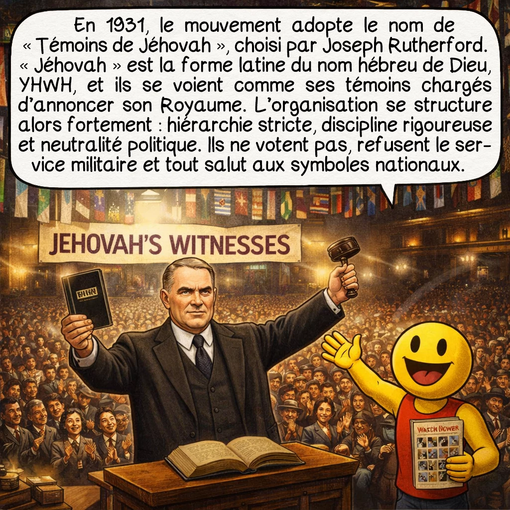 Les Témoins de Jéhovah, case 4 : En 1931, le mouvement adopte officiellement le nom de « Témoins de Jéhovah », choisi par le nouveau leader Joseph Rutherford. Pourquoi ce nom ? Jéhovah est la forme latine du nom hébreu de Dieu, YHWH, et ils se considèrent comme ses « témoins » sur Terre, chargés d’annoncer son Royaume à venir. C’est à ce moment que l’organisation se structure vraiment : une hiérarchie stricte, une discipline de fer, et surtout une neutralité politique absolue. Ils ne votent pas, ne font pas de service militaire, et refusent tout salut aux symboles nationaux.
