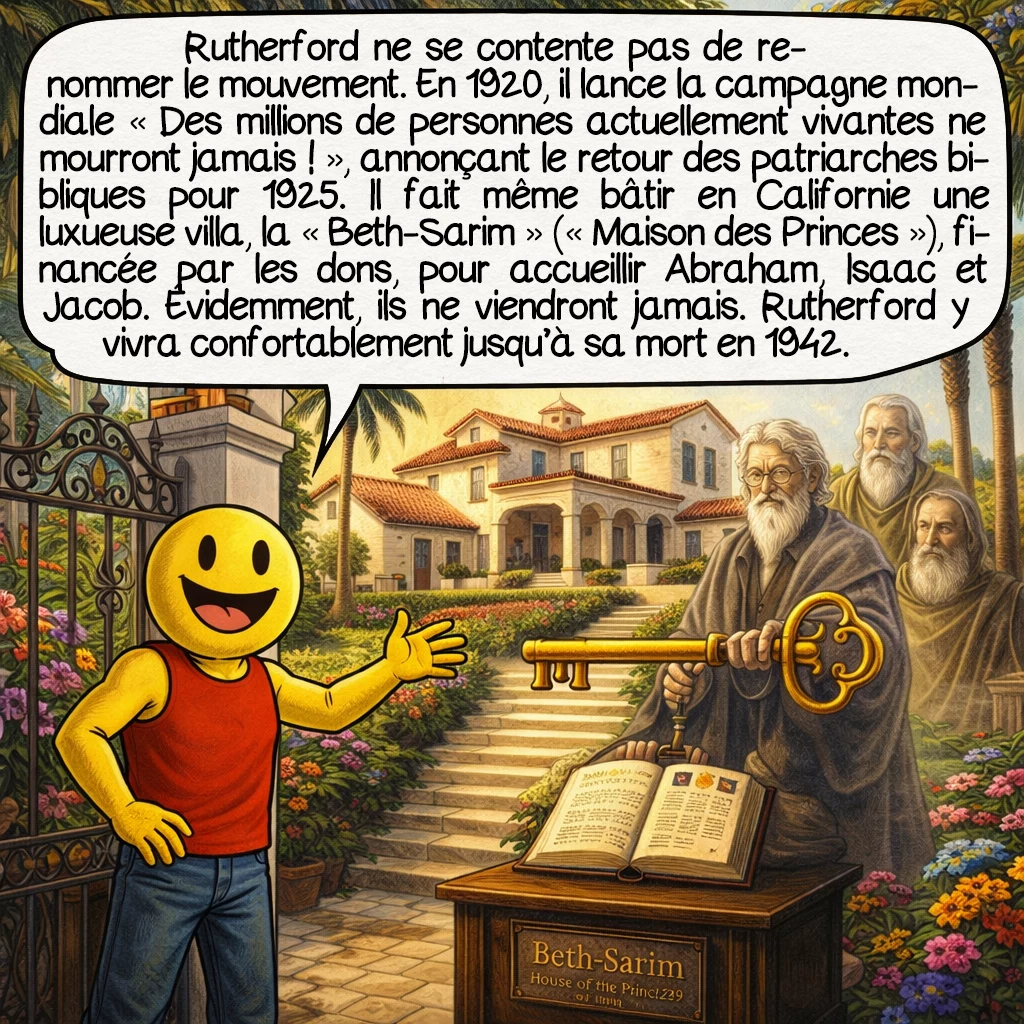 Les Témoins de Jéhovah, case 5 : Mais Rutherford ne se contente pas de renommer le mouvement. En 1920, il lance une campagne mondiale intitulée « Des millions de personnes actuellement vivantes ne mourront jamais ! », annonçant le retour des patriarches bibliques pour 1925. Il va même jusqu’à faire construire en Californie une luxueuse villa de dix pièces, la « Beth-Sarim » (Maison des Princes), financée par les dons des fidèles, pour accueillir Abraham, Isaac et Jacob ! Évidemment, les patriarches ne viendront jamais. Rutherford y vivra confortablement jusqu’à sa mort en 1942.