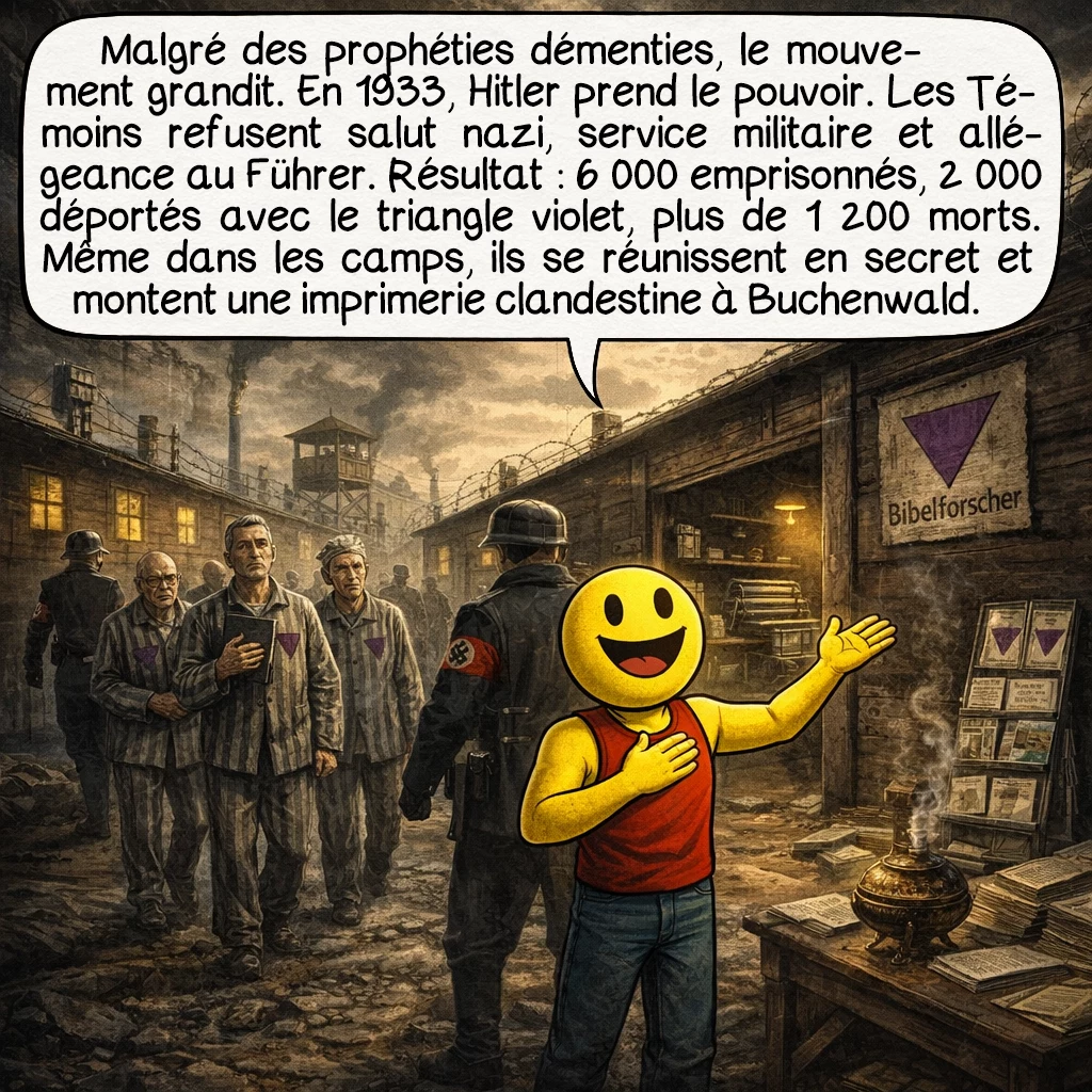 Les Témoins de Jéhovah, case 6 : Malgré les échecs prophétiques, le mouvement continue de croître. Mais en 1933, Hitler arrive au pouvoir. Les Témoins refusent le salut nazi, le service militaire et toute allégeance au Führer. Conséquence : 6 000 personnes sont emprisonnées, 2 000 déportées dans les camps où elles portent le triangle violet, et plus de 1 200 meurent. Même dans les camps de concentration, ils continuent à se réunir secrètement et créent une imprimerie clandestine à Buchenwald !