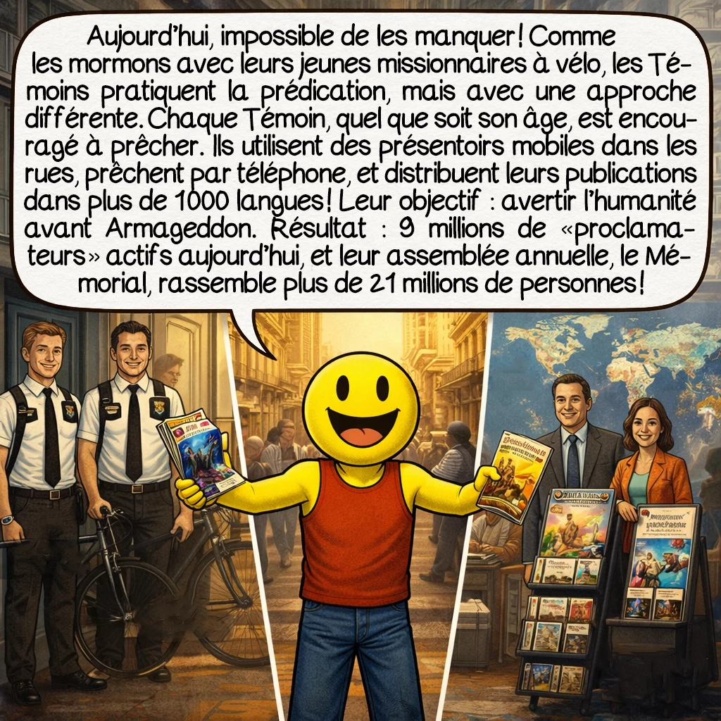 Les Témoins de Jéhovah, case 7 : Aujourd’hui, impossible de les manquer ! Comme les mormons avec leurs jeunes missionnaires à vélo, les Témoins pratiquent la prédication, mais avec une approche différente. Chaque Témoin, quel que soit son âge, est encouragé à prêcher. Ils utilisent des présentoirs mobiles dans les rues, prêchent par téléphone, et distribuent leurs publications dans plus de 1 000 langues ! Leur objectif : avertir l’humanité avant Armageddon. Résultat : 9 millions de « proclamateurs » actifs aujourd’hui, et leur assemblée annuelle, le Mémorial, rassemble plus de 21 millions de personnes !