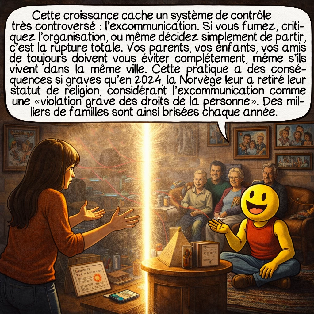 Les Témoins de Jéhovah, case 8 : Cette croissance cache un système de contrôle très controversé : l’excommunication. Si vous fumez, critiquez l’organisation, ou même décidez simplement de partir, c’est la rupture totale. Vos parents, vos enfants, vos amis de toujours doivent vous éviter complétement, même s’ils vivent dans la même ville. Cette pratique a des conséquences si graves qu’en 2024, la Norvège leur a retiré leur statut de religion, considérant l’excommunication comme une « violation grave des droits de la personne ». Des milliers de familles sont ainsi brisées chaque année.