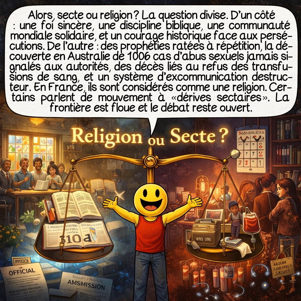 Les Témoins de Jéhovah, case 9 : Alors, secte ou religion ? La question divise. D’un côté : une foi sincère, une discipline biblique, une communauté mondiale solidaire, et un courage historique face aux persécutions. De l’autre : des prophéties ratées à répétition, la découverte en Australie de 1 006 cas d’abus sexuels jamais signalés aux autorités, des décès liés au refus des transfusions de sang, et un système d’excommunication destructeur. En France, ils sont considérés comme une religion. Certains parlent de mouvement à « dérives sectaires ». La frontière est floue et le débat reste ouvert.