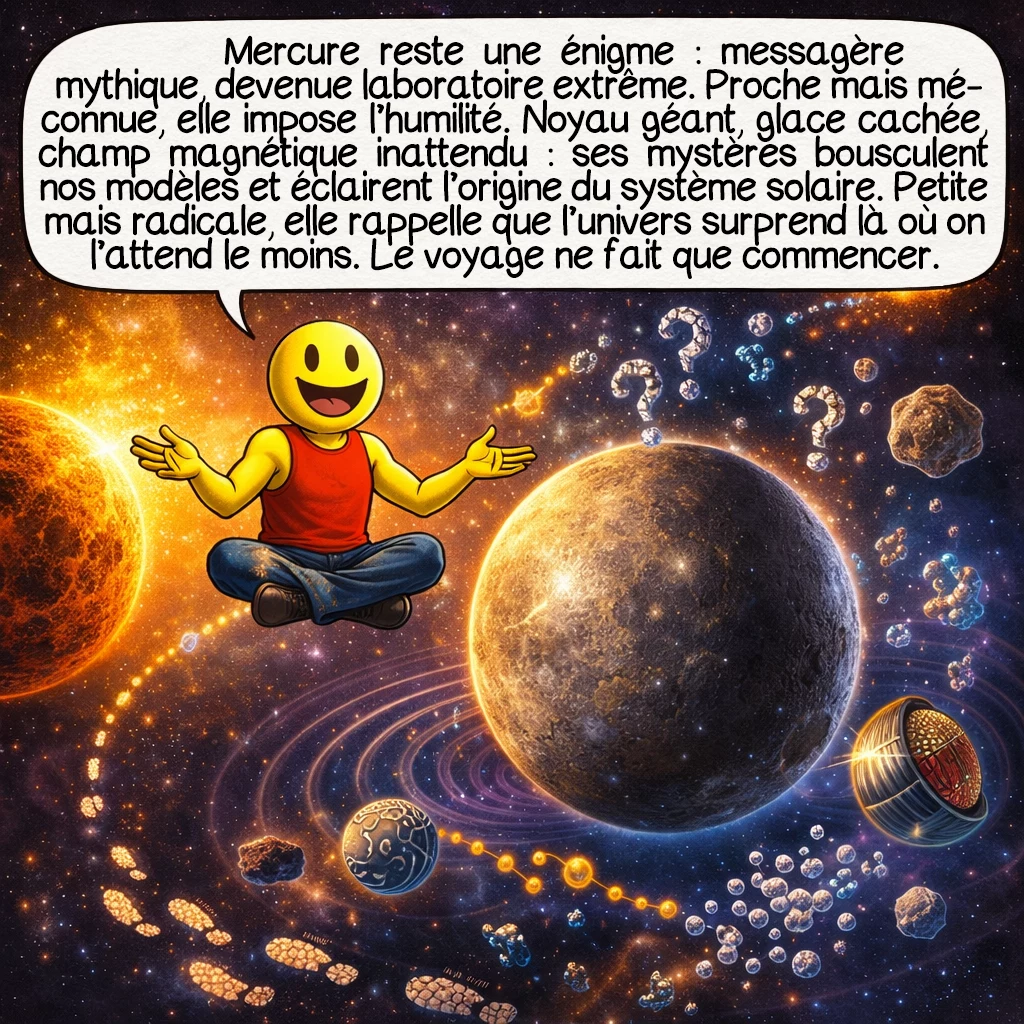 Mercure, case 10 : Mercure reste une énigme fascinante : messagère mythologique devenue laboratoire de physique extrême. Elle nous enseigne l’humilité — si proche et pourtant si méconnue. Ses secrets — noyau surdimensionné, glace paradoxale, champ magnétique impossible — défient nos modèles planétaires. Chaque découverte soulève de nouvelles questions sur la formation du système solaire. Petite, discrète, extrême, Mercure nous rappelle que l’univers cache ses plus grandes surprises dans ses recoins les plus improbables. Notre voyage ne fait que commencer !