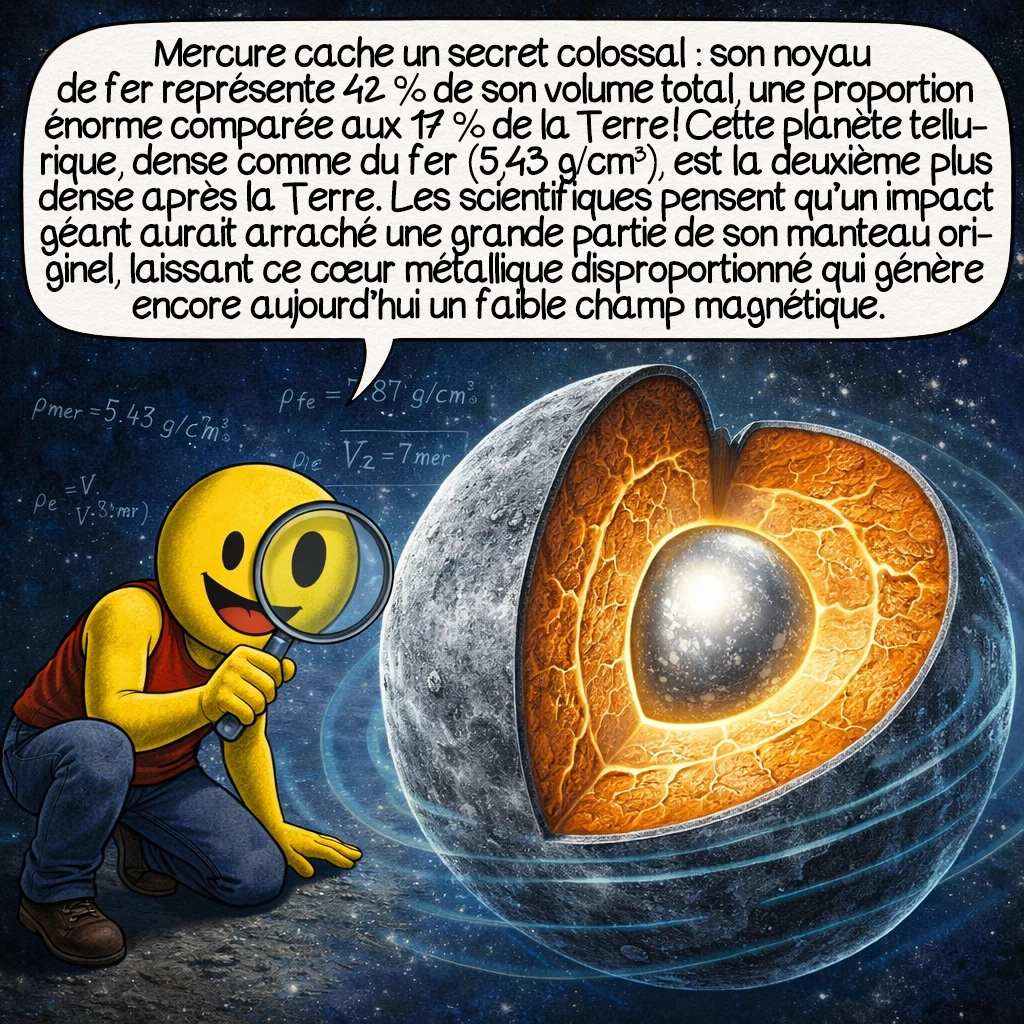 Mercure, case 2 : Mercure cache un secret colossal : son noyau de fer représente 42 % de son volume total, une proportion énorme comparée aux 17 % de la Terre ! Cette planète tellurique, dense comme du fer (5,43 g/cm³), est la deuxième plus dense après la Terre. Les scientifiques pensent qu’un impact géant aurait arraché une grande partie de son manteau originel, laissant ce cœur métallique disproportionné qui génère encore aujourd’hui un faible champ magnétique.