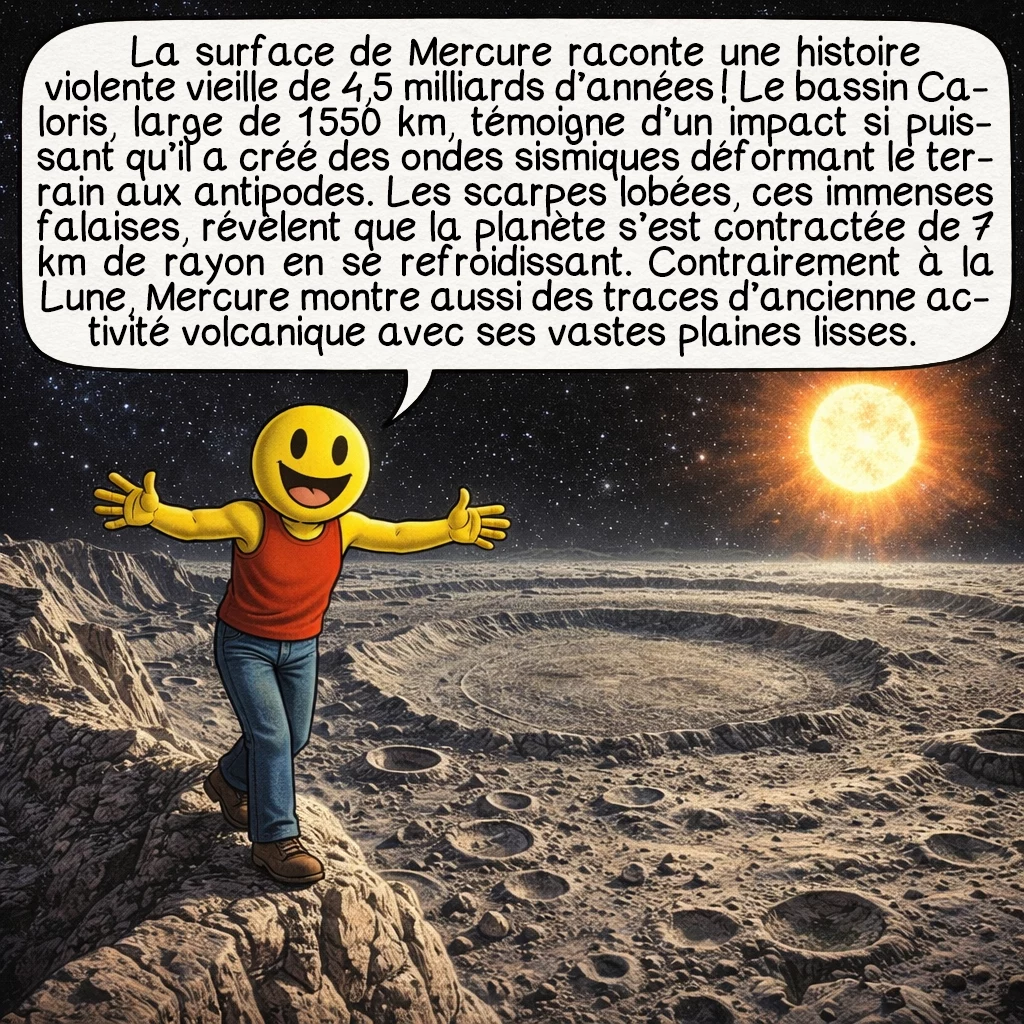 Mercure, case 3 : La surface de Mercure raconte une histoire violente vieille de 4,5 milliards d’années ! Le bassin Caloris, large de 1 550 km, témoigne d’un impact si puissant qu’il a créé des ondes sismiques déformant le terrain aux antipodes. Les scarpes lobées, ces immenses falaises, révèlent que la planète s’est contractée de 7 km de rayon en se refroidissant. Contrairement à la Lune, Mercure montre aussi des traces d’ancienne activité volcanique avec ses vastes plaines lisses.