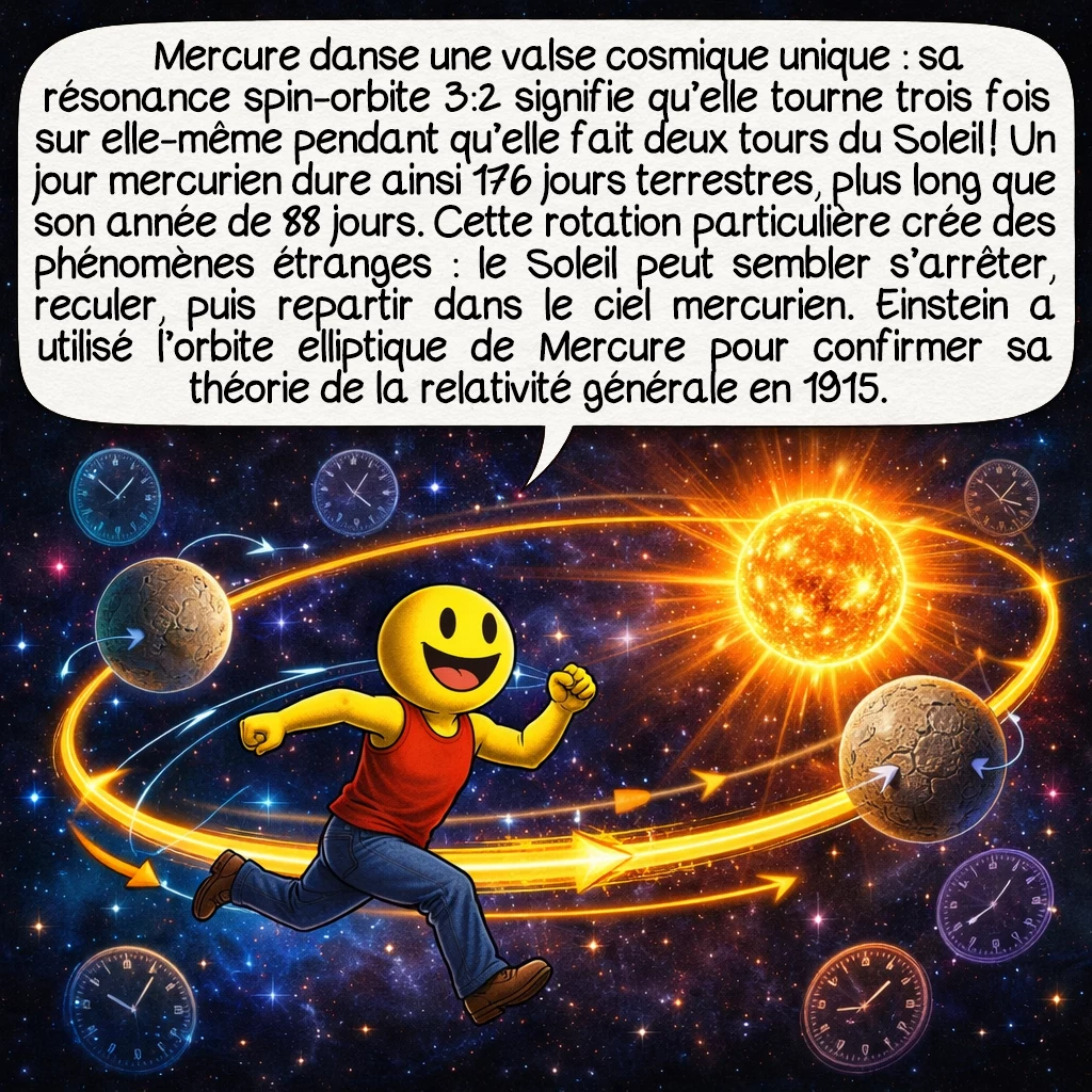 Mercure, case 5 : Mercure danse une valse cosmique unique : sa résonance spin-orbite 3:2 signifie qu’elle tourne trois fois sur elle-même pendant qu’elle fait deux tours du Soleil ! Un jour mercurien dure ainsi 176 jours terrestres, plus long que son année de 88 jours. Cette rotation particulière crée des phénomènes étranges : le Soleil peut sembler s’arrêter, reculer, puis repartir dans le ciel mercurien. Einstein a utilisé l’orbite elliptique de Mercure pour confirmer sa théorie de la relativité générale en 1915.