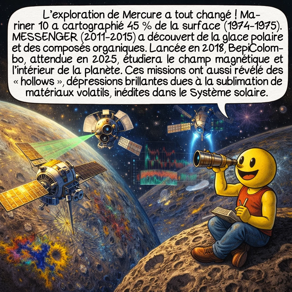 Mercure, case 6 : L’exploration de Mercure a révolutionné notre compréhension ! Mariner 10 a cartographié 45 % de la surface en 1974-1975. MESSENGER, en orbite de 2011 à 2015, a découvert de la glace aux pôles et des composés organiques. BepiColombo, lancée en 2018 et arrivant en 2025, étudiera le champ magnétique mystérieux et la composition interne. Ces missions ont révélé des « hollows » — dépressions brillantes uniques causées par la sublimation de matériaux volatils — un phénomène inconnu ailleurs dans le système solaire.
